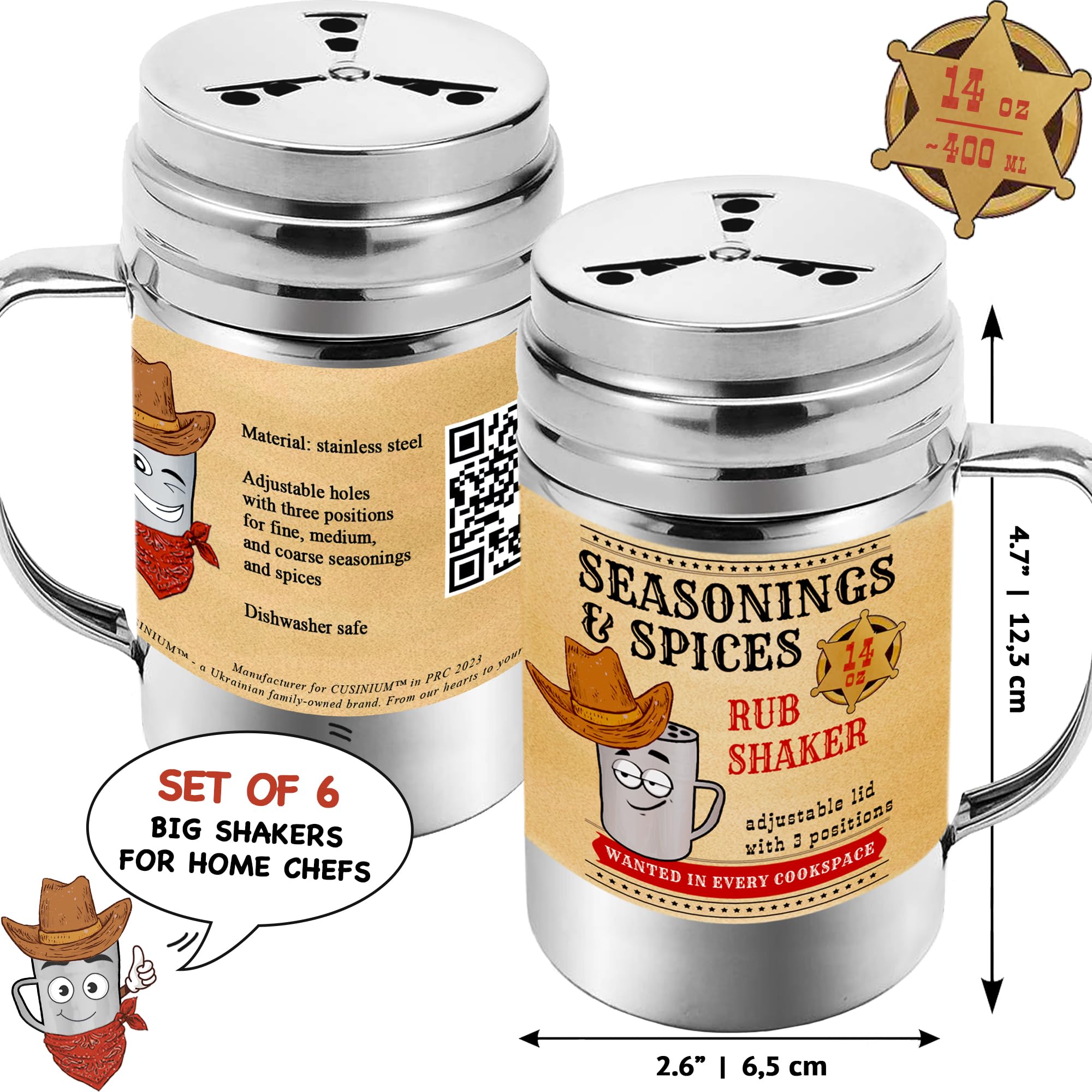 Coctelera de especias para condimentos de 14 onzas, coctelera para barbacoa (con tapa ajustable estilo abanico), paquete de 6