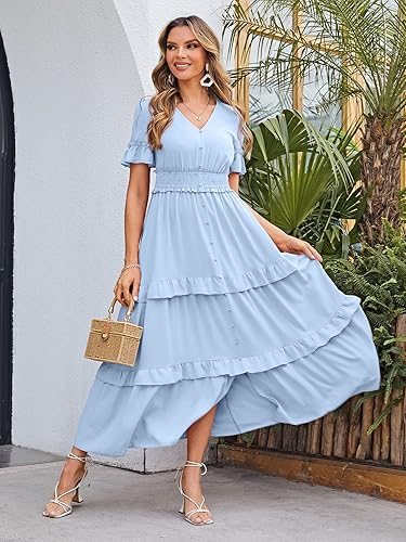 Vista 6 de Amegoya Vestido largo bohemio de manga larga con cuello en V para mujer, vestido largo de compromiso para invitadas de boda