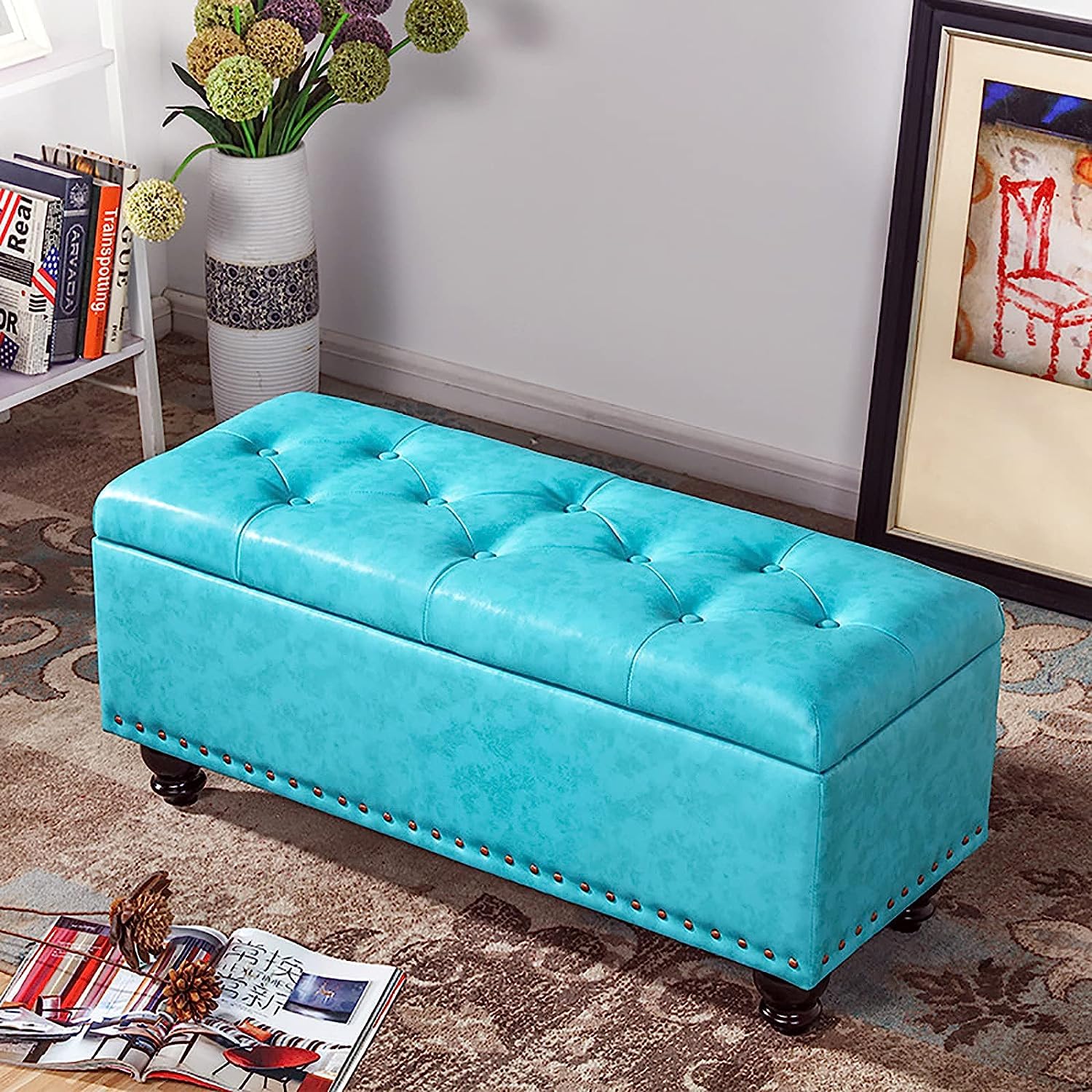 Bancs multifonctions de rangement en cuir PU bleu avec coffre intégré