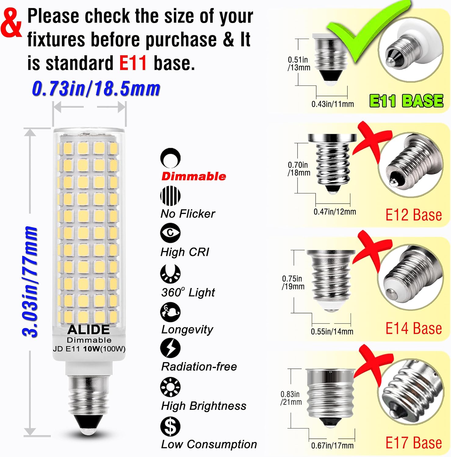 E11 Led Bulbs 120V 100W Halogen Candelabra Bulbs Equiva Dimmable,T3 T4 Mini Base JDE11 Bulb,6000K Daylight Cool White 10W 1000LM E11 for Chandeliers,Candelabra,Ceiling Fan ,Cabinet Lighting,5Pack
