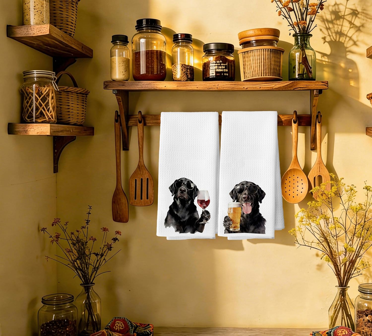 Funny Black Labrador Retriever Wine Beer Kitchen Towels Decorative 16x24 in Set of 2, Black Lab Gifts Hand Towels for Bathroom, Labrador Retriever Gifts Dishtowels for Kitchen Bar Cart