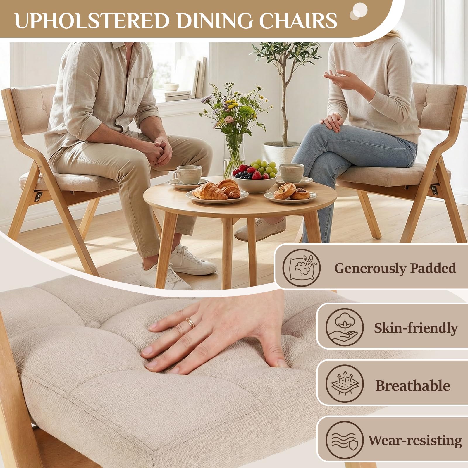 Clevich Chaises Pliantes Tapissées 4pcs, 47 x 55 x 77 cm, chaises Pliantes interieures en Bois, pour Adultes, Style Nordique avec Bois et Tissu Lin, pour invités, Bureau, Mariage et fête, Beige