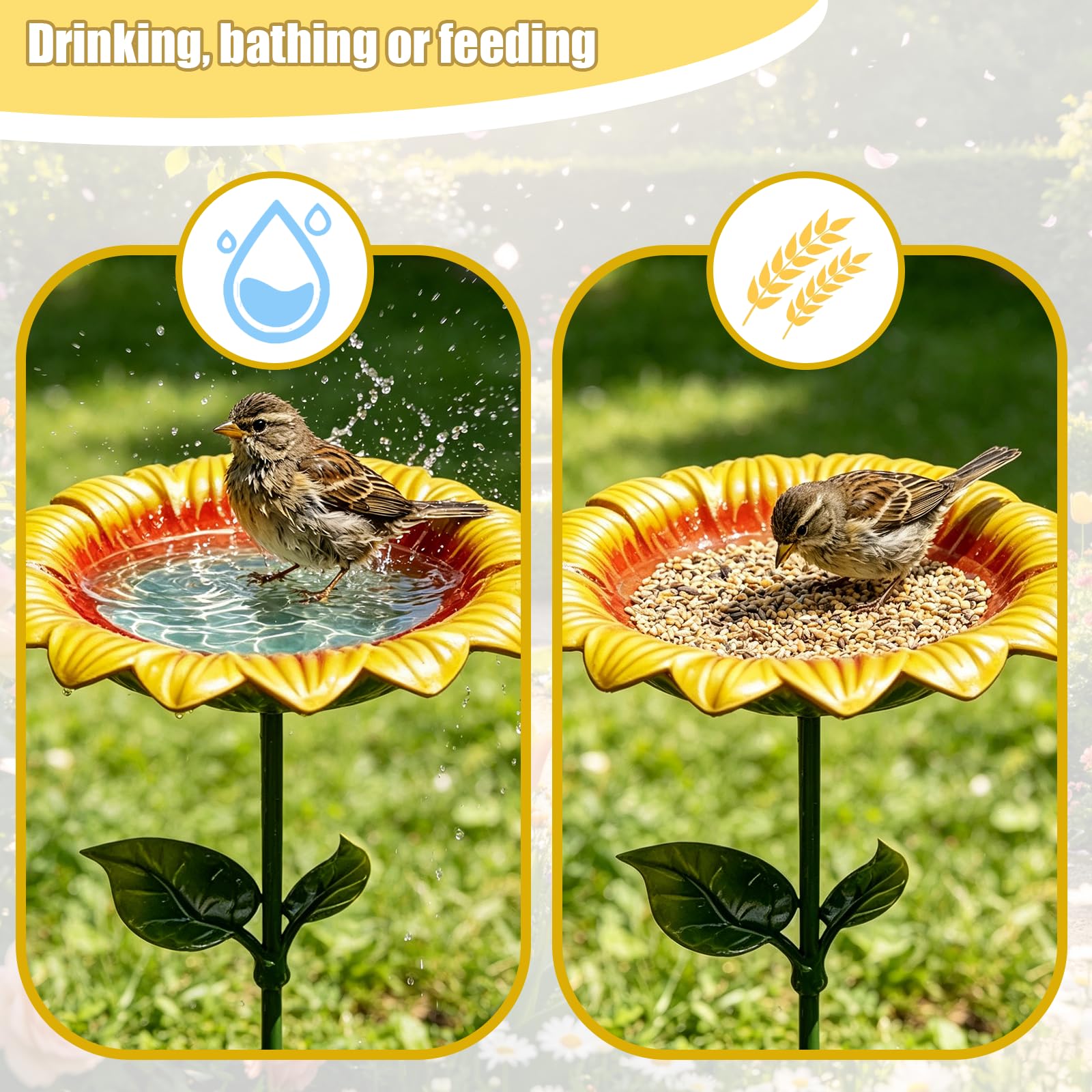 Vogeltränke Stehend, Metall Vogelbad Stehend im Sonnenblumen Design, Vogelfutterspender Vogeltränke Garten, Wassertränke für Vögel, Gartendeko für Draußen Wetterfest (5 Stück)