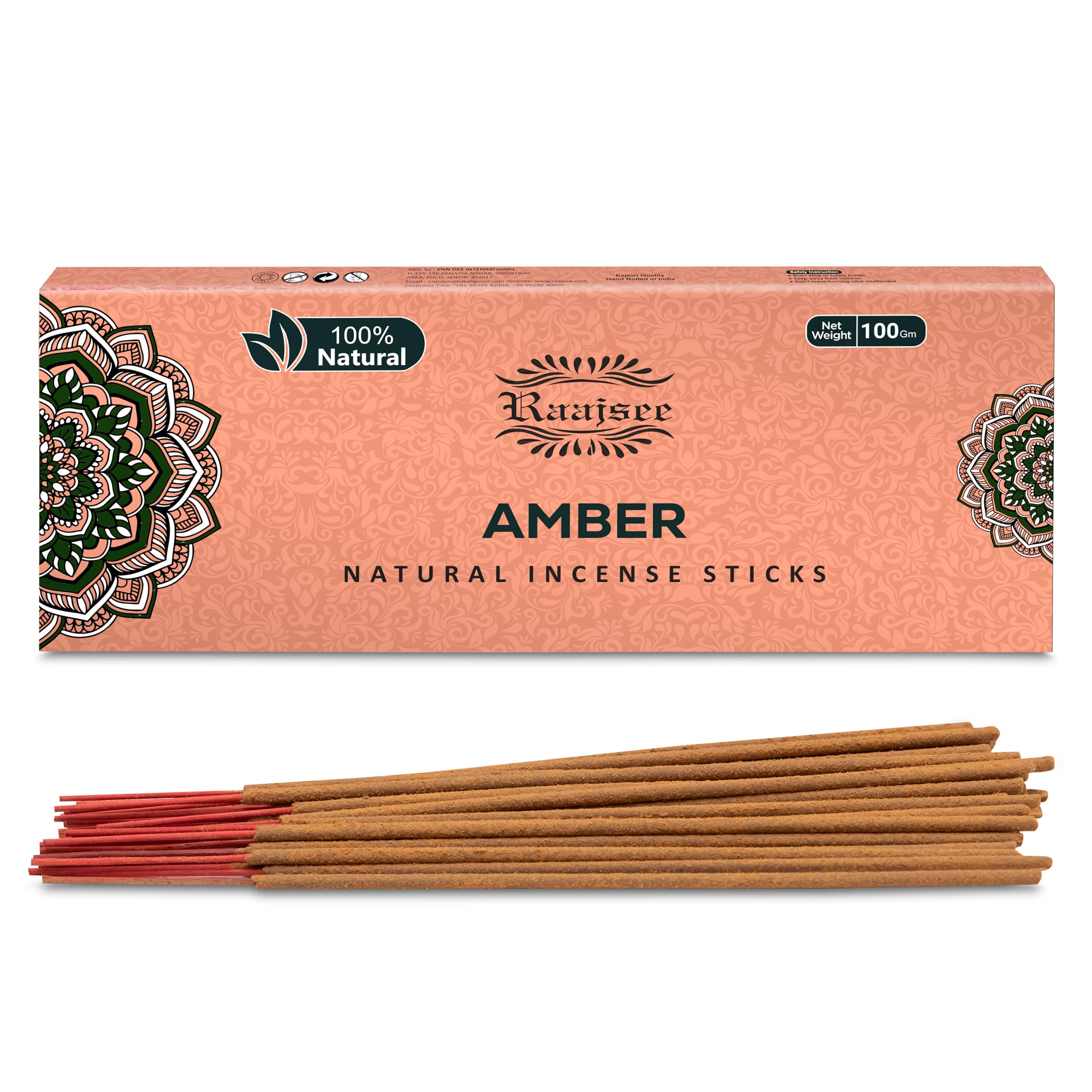 Raajsee Amber Incense Sticks 100 Gm Pack-100% Pure Organic - Natural Hand Rolled Free from Chemicals-Insence for Church,Relaxation, Meditation & Sensual Therapy