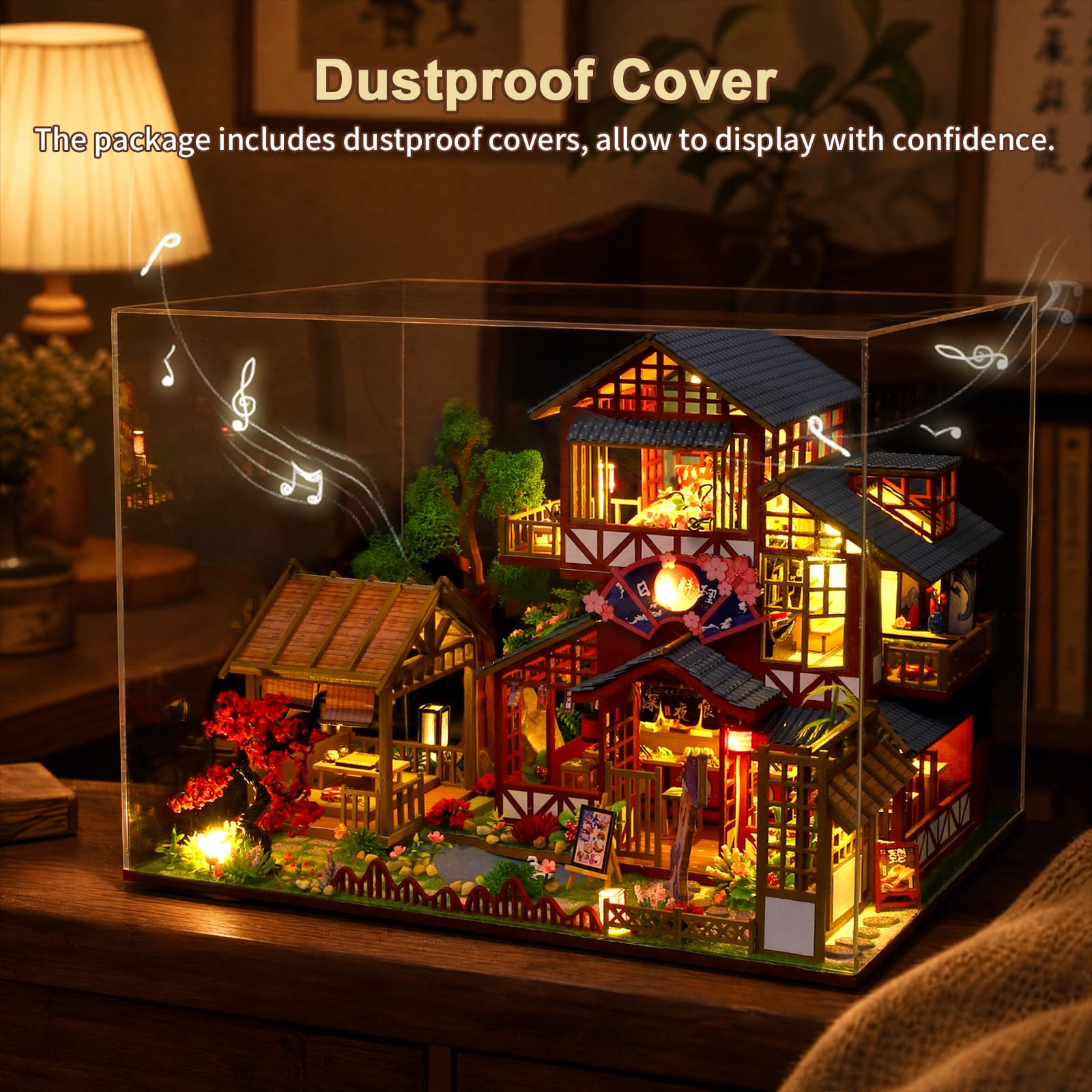 DIY Miniature Maison, Restaurant Japonais Puzzle 3D en Bois avec Lumière LED Musique, Kit de Maison de poupée pour Adultes, Maquette à Décoration pour Bibliothèque, Cadeau d'anniversaire