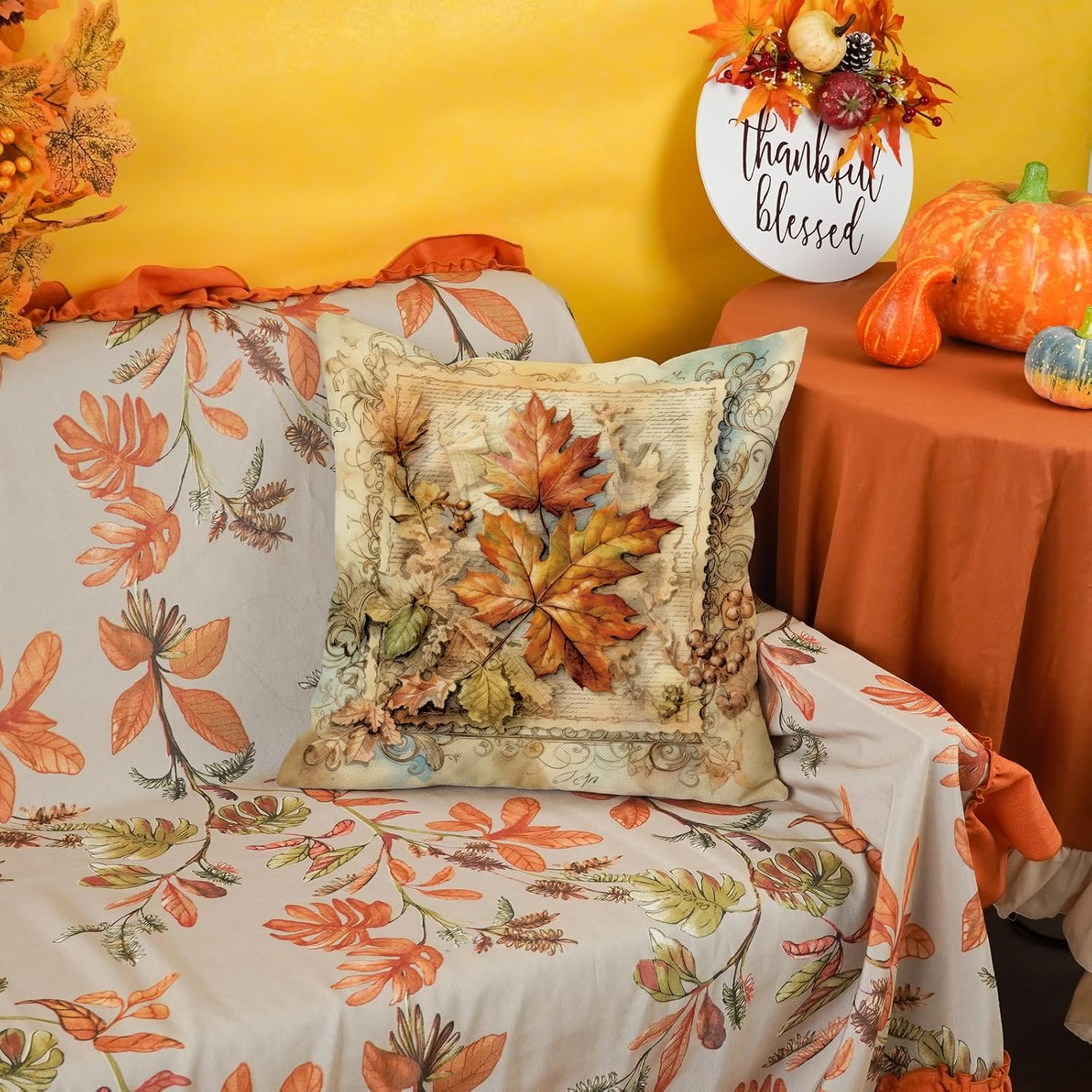 ONWAY Fall Throw Pillow Covers 18x18 Inch Set of 2 Vintage Pumpkin Decor image 4