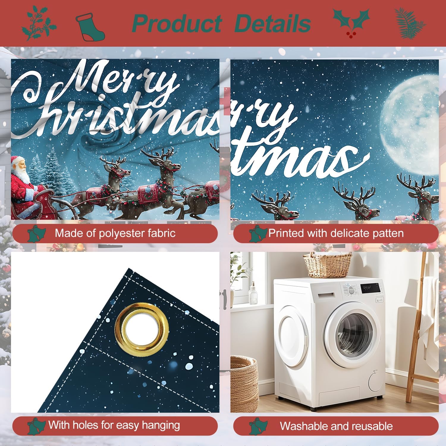 Merry Christmas Red Sleigh Garage Door Banner 6x13FT, Santa with Gift-Filled Sleigh & Reindeer, Snowy Night Backdrop, Outdoor Holiday Banner, Garage door Mural for Xmas Party Home Decor