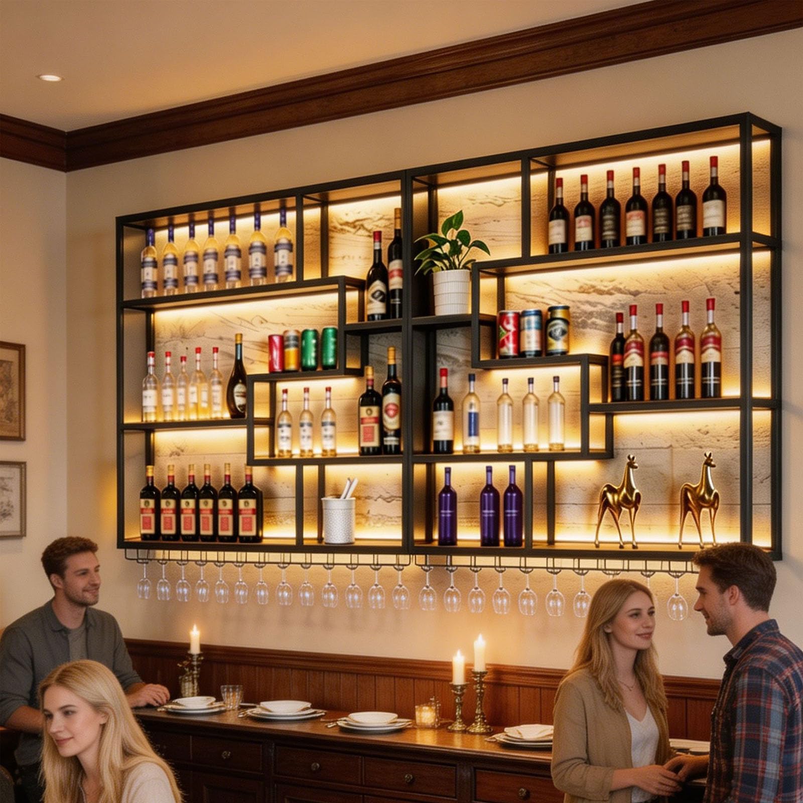 200CM Botellero Pared Vino Negro 200cm con LED y Portacopas | De hierro y madera estilo industrial. Gran capacidad, módulos combinables. Incluye tira LED. Ideal para bar, cocina y comedor