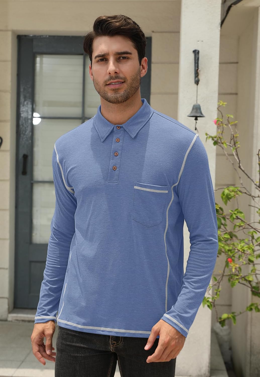 Mens Athletic Polo Shirt Lightweight Long Sleeve Button Collar Shirts with Pocket - Image 3