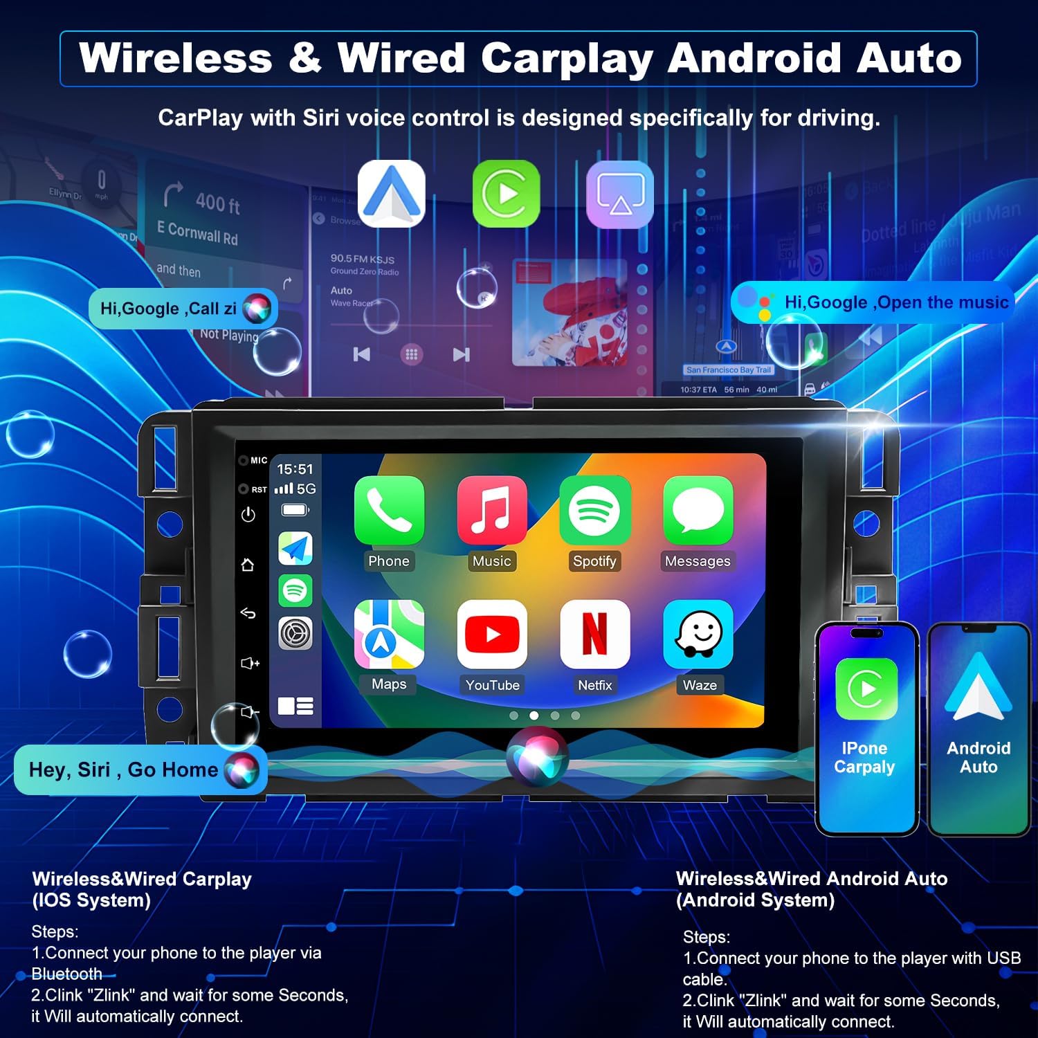 7inch 5GWiFi Upgrade Car Radio for GMC Sierra 1500 2007-2013, Chevy Silverado 1500 2007-2013, Yukon Tahoe 2007-2014, Acadia Equinox Enclave HD Touch Screen Stereo, Carplay Android Auto GPS FM Camera