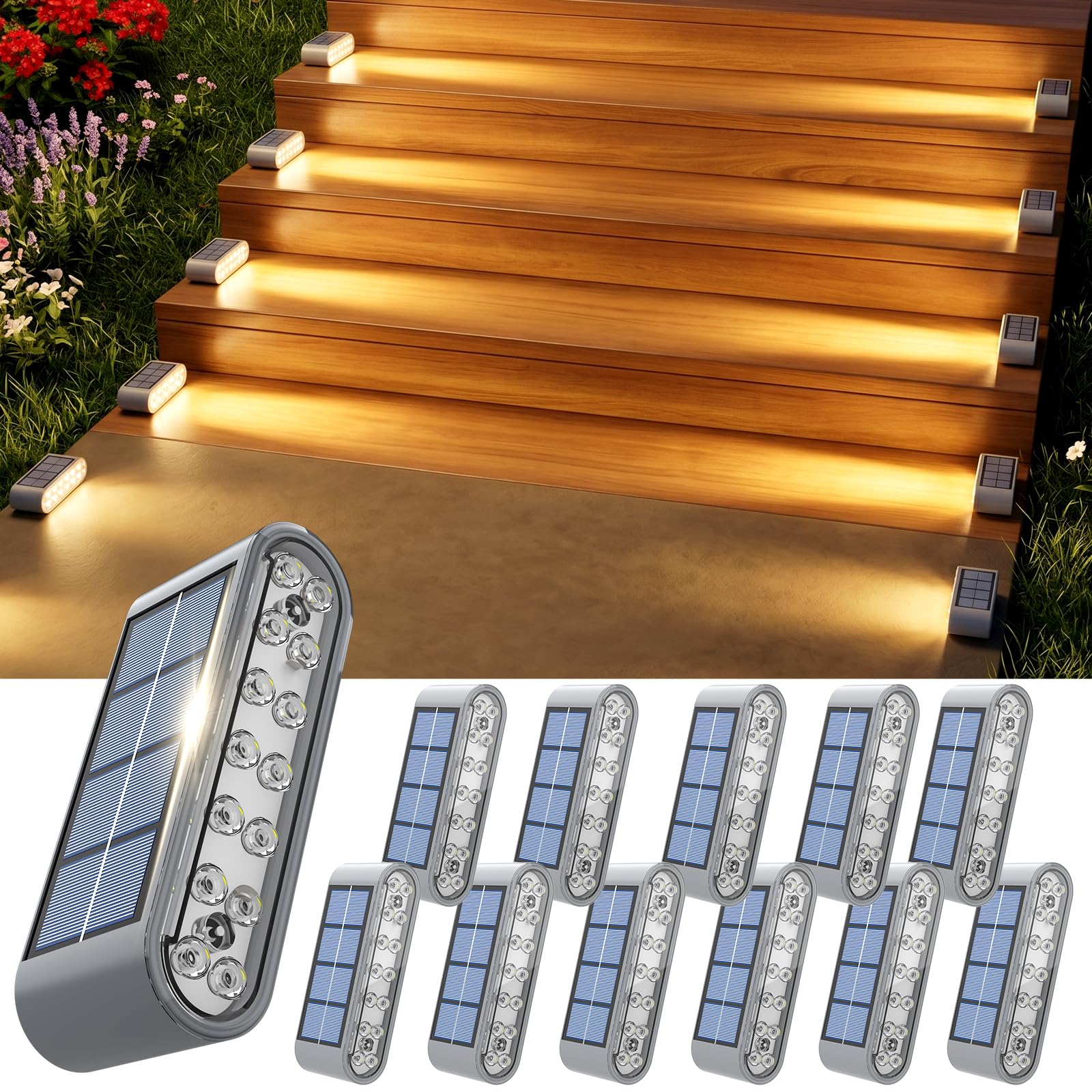 Photo 1 of XILLUMI CORE Solar Stair Lights 12 Pack, Solar Step Lights Outdoor Waterproof IP67, LED Solar Powered Lighting for Steps, Stairs, Deck, Dock, Patio, Walkway, Front Porch Decor