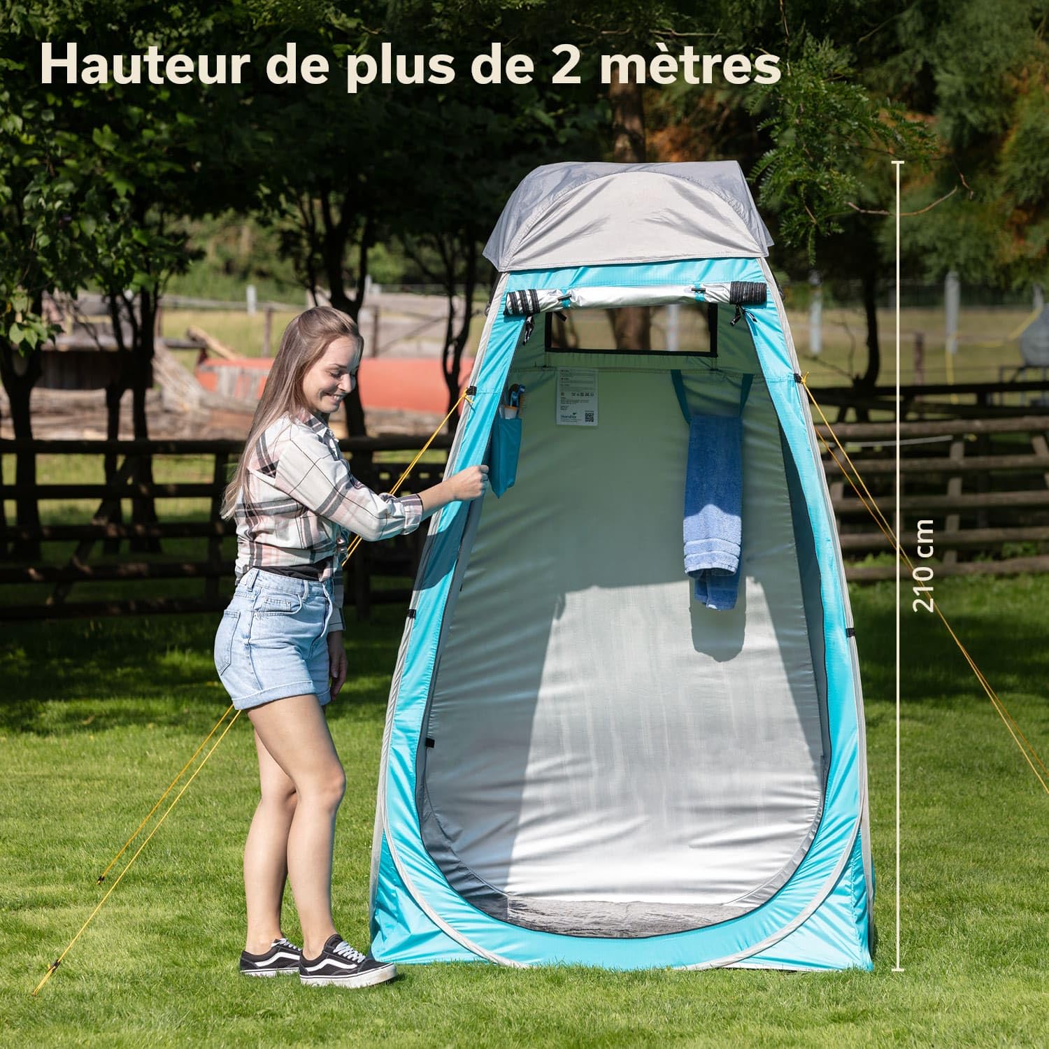 Skandika Tente de douche pop-up de camping - 210 cm - Revêtement argenté - Opaque - Sol séparé - Fenêtre recouvrable - Moustiquaire - Fixation pour douche