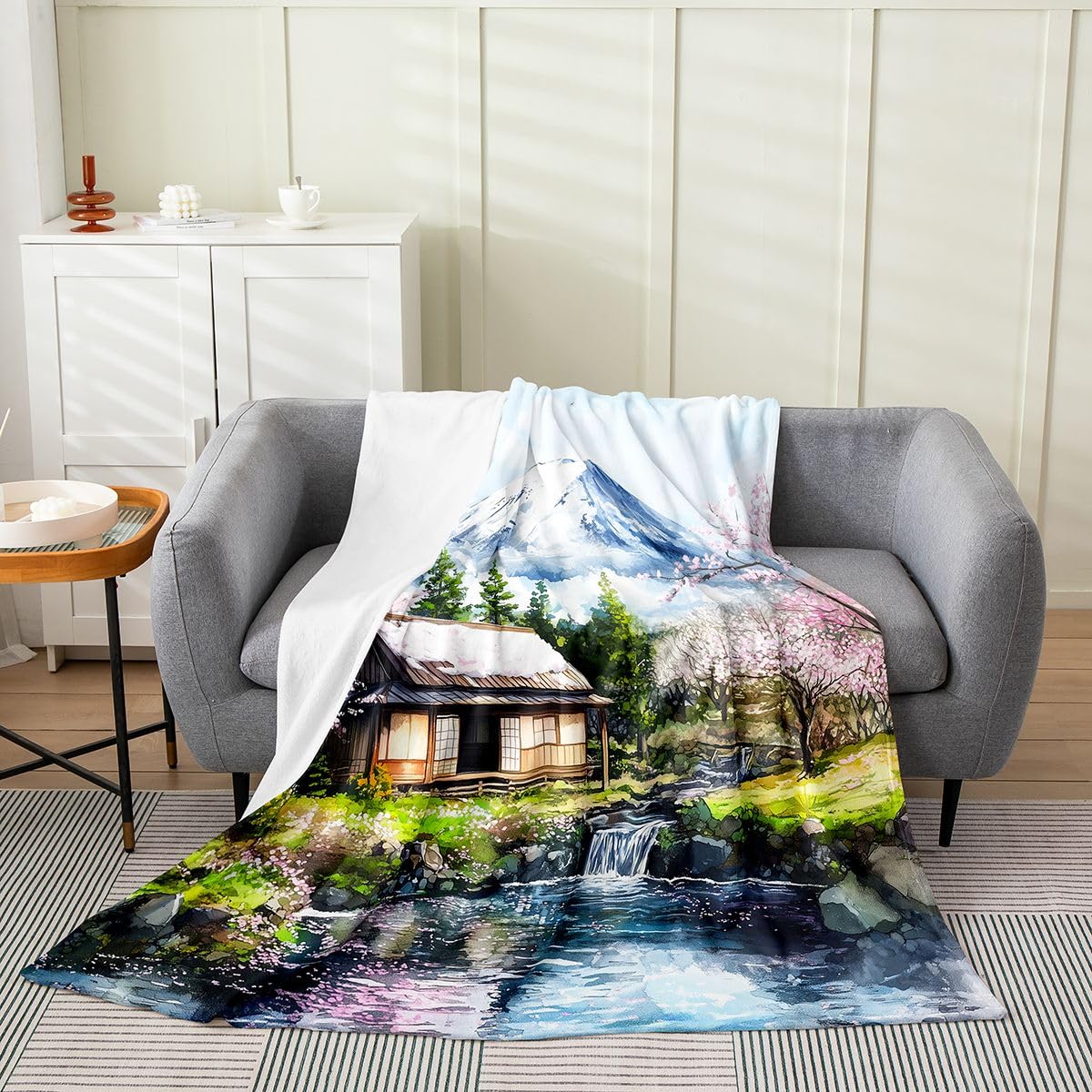 Fuji Mountain Ukiyo-e Painting Throw Blanket,Japanese Cherry Blossoms Flannel Blanket for Room Decor,Lake House Soft Bedding Set,All Seasons Super Soft,Queen 90"x90"