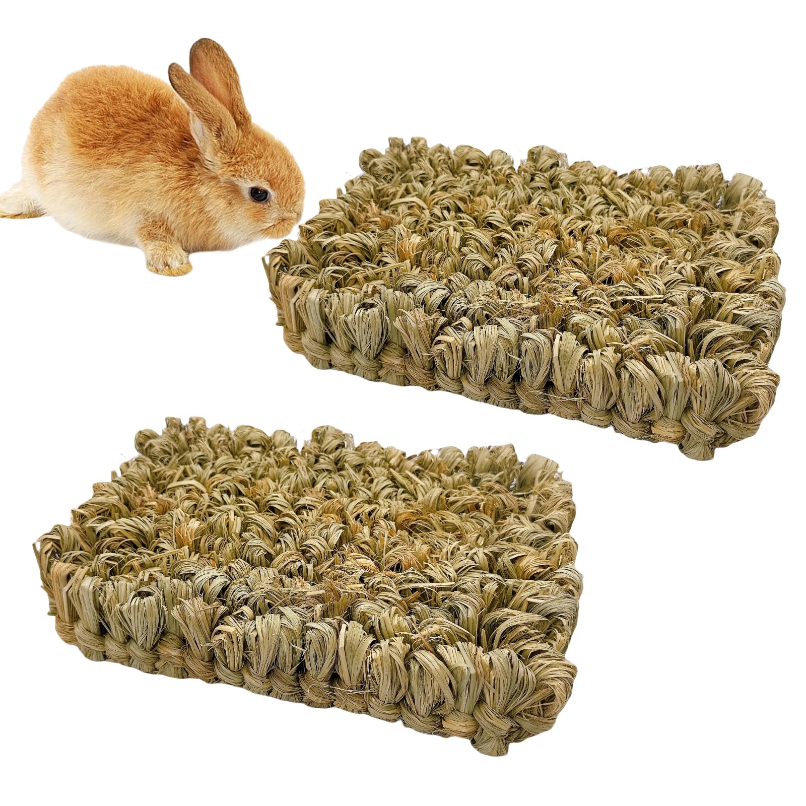 Hamiledyi Rabbit Grass Bed 2PCS Guinea Pig Hay Mat Bunny Natural Straw Woven Bed Rabbit Handmade Bedding Sleeping Grinding Nesting and Chewing Toy for