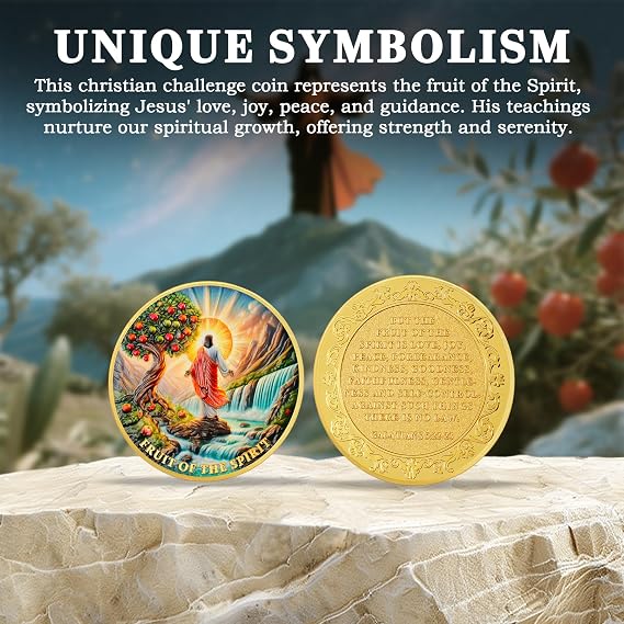 Fruit of The Spirit Religious Coin Jesus Christ Christian Token with Galatians 5:22-23 Scripture Inspirational Faith Gift with Tree, Waterfall & Spiritual Virtues