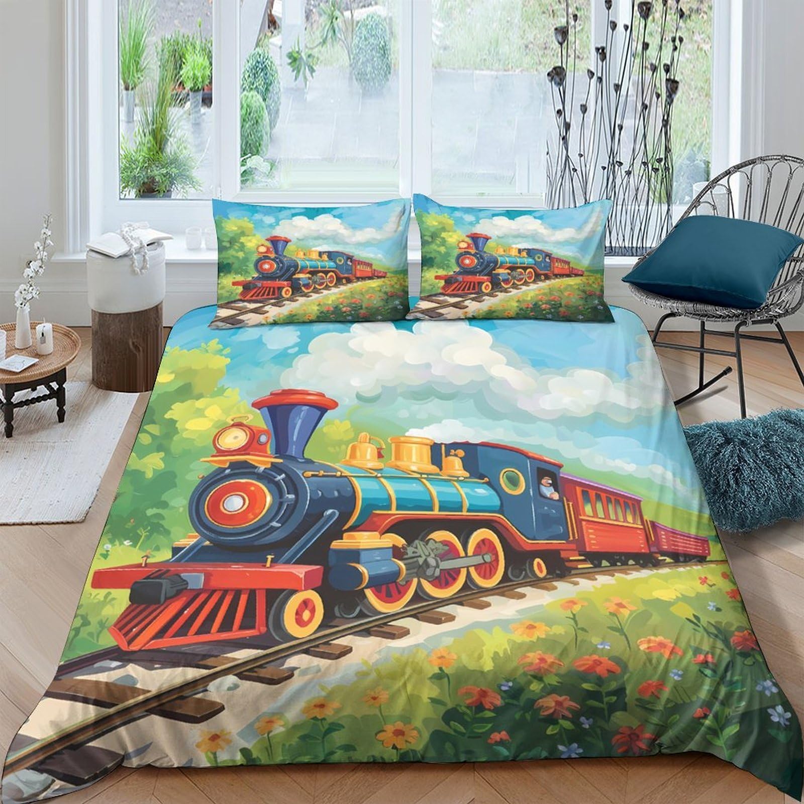 Ctjqhvkz Style-8 3D Printed Vintage Steam Train Fitted Sheet Microfiber Soft Breathable Countryside Railway Bed Cover For Bedroom Decor Single（135X200cm）