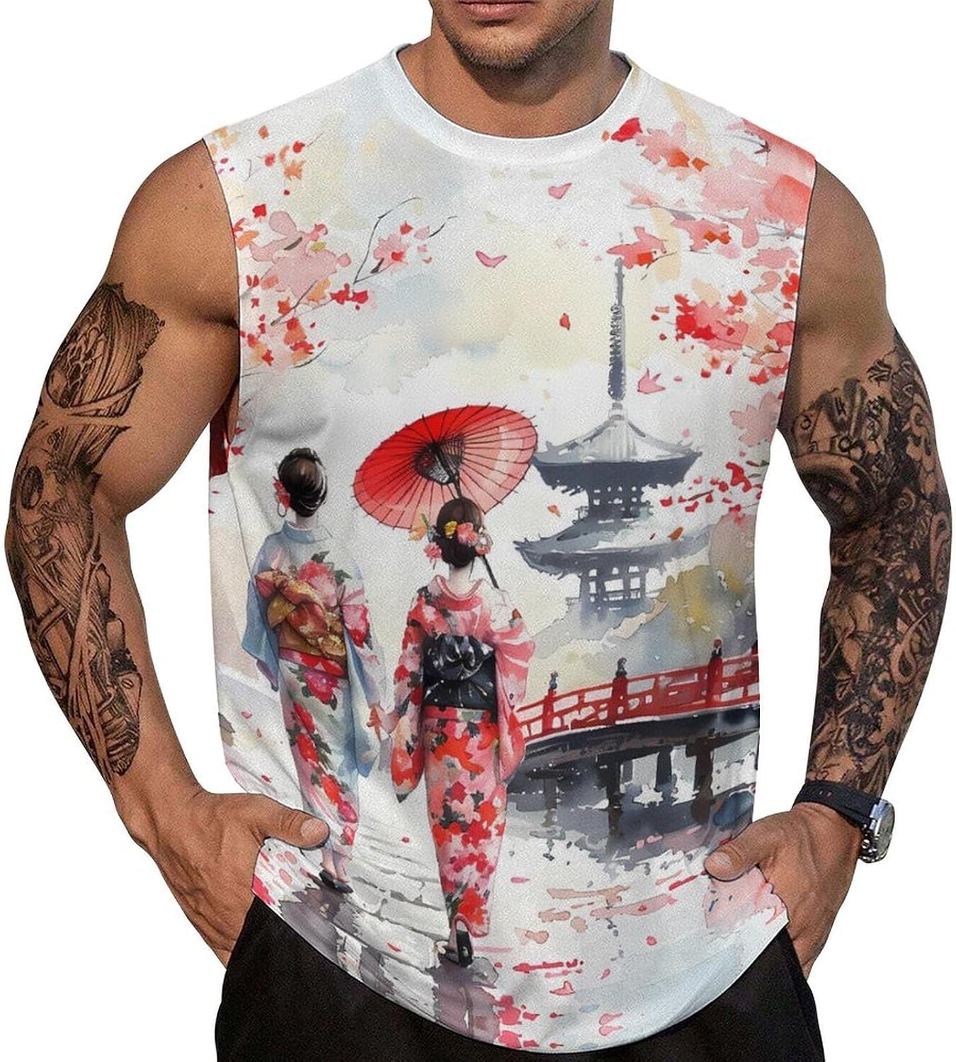 Japanese Geisha's Stroll Men Summer Sleeveless Crew Neck Top 5XL