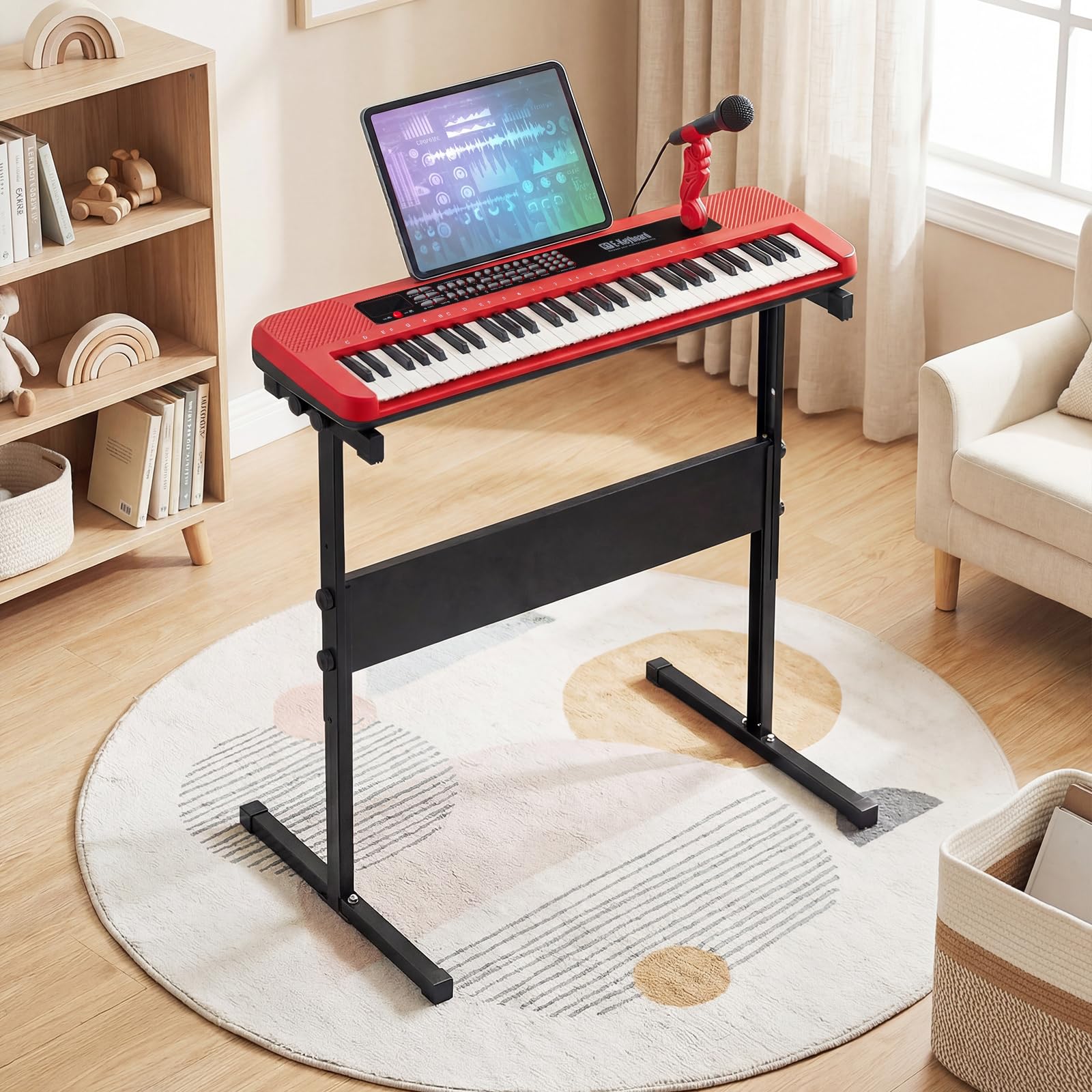 COSTWAY Clavier Piano Enfant 61 Touches avec Microphone et Pupitre, Piano Numérique avec Support Réglable et Amovible, 2 Haut-parleurs, Mode d'apprentissage, Instrument de Musique pour 3 Ans+ (Rouge)