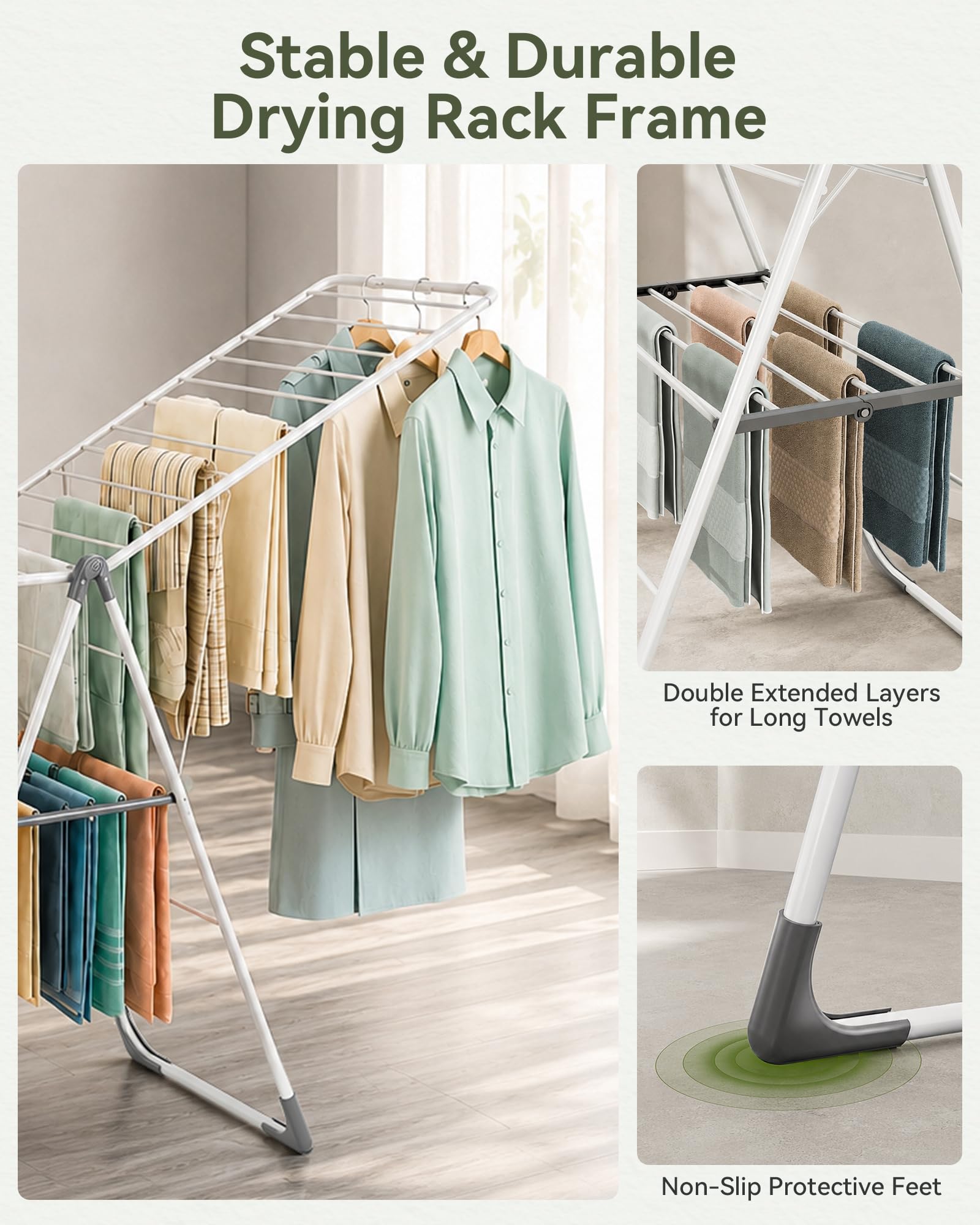 APEXCHASER Étendoir à linge pliable en métal robuste, réglable en hauteur, facile à plier et peu encombrant, pour intérieur et extérieur, blanc