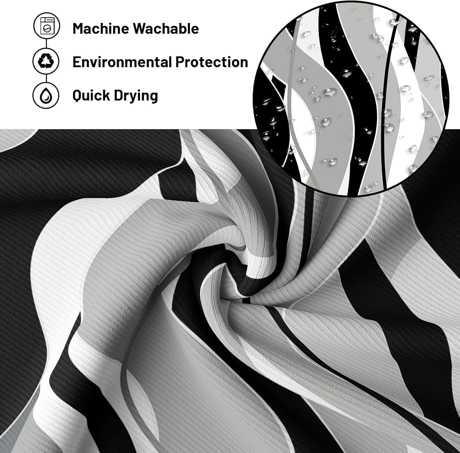 Striped Shower Curtain Modern Abstract Black and White Grey Shower Curtains for Men Bathroom Decor, Waterproof Cloth Fabric with Hooks 70" Wx96 L