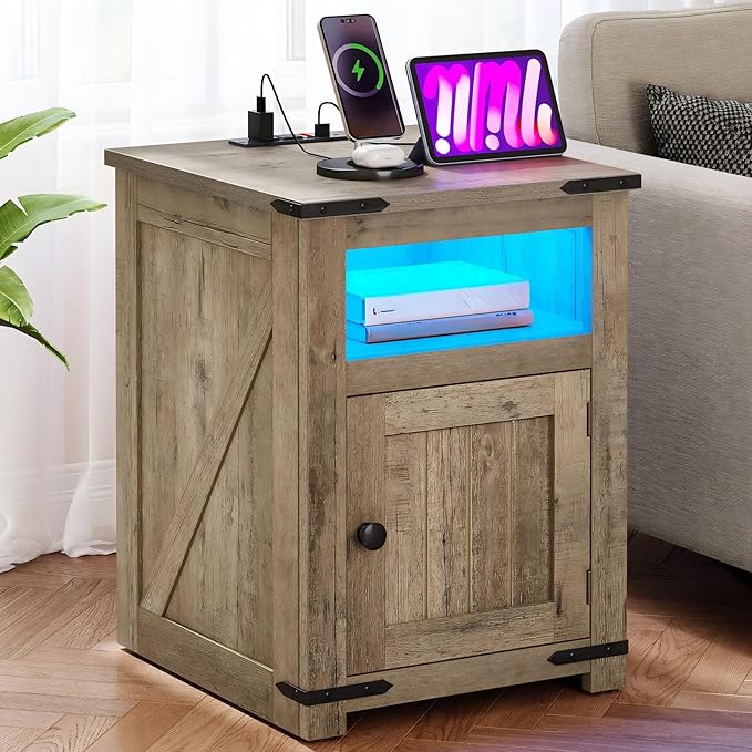 DWVO Farmhouse Nightstand with USB Charging Station & LED Lights, Adjustable Storage Shelving for Bedroom/Living Room, Old Oak Side Table with AC Outlets