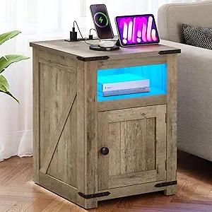 DWVO Farmhouse Nightstand with USB Charging Station & LED Lights, Adjustable Storage Shelving for Bedroom/Living Room, Old Oak Side Table with AC Outlets