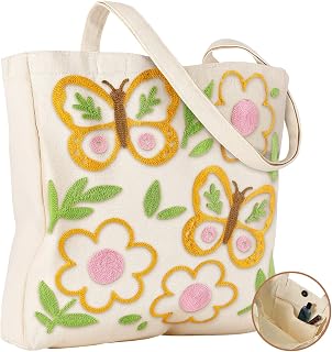 Embroidery Canvas Tote Bag for Women - Reusable Totes with Pocket & Buckle Aesthetic Cute Grocery Shoulder Bag