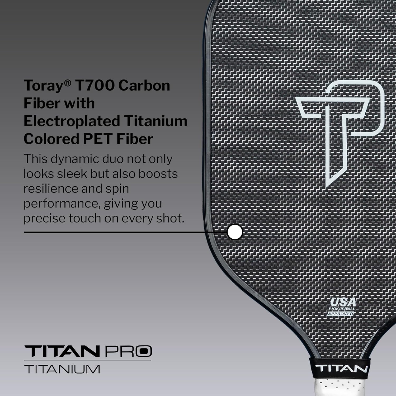 Titan Pro Titanium Pickleball Paddle – Electroplated Titanium + T700 Carbon Fiber Face, Nomex Duo Core, USA Pickleball Approved, 14mm & 16mm – Tournament Ready