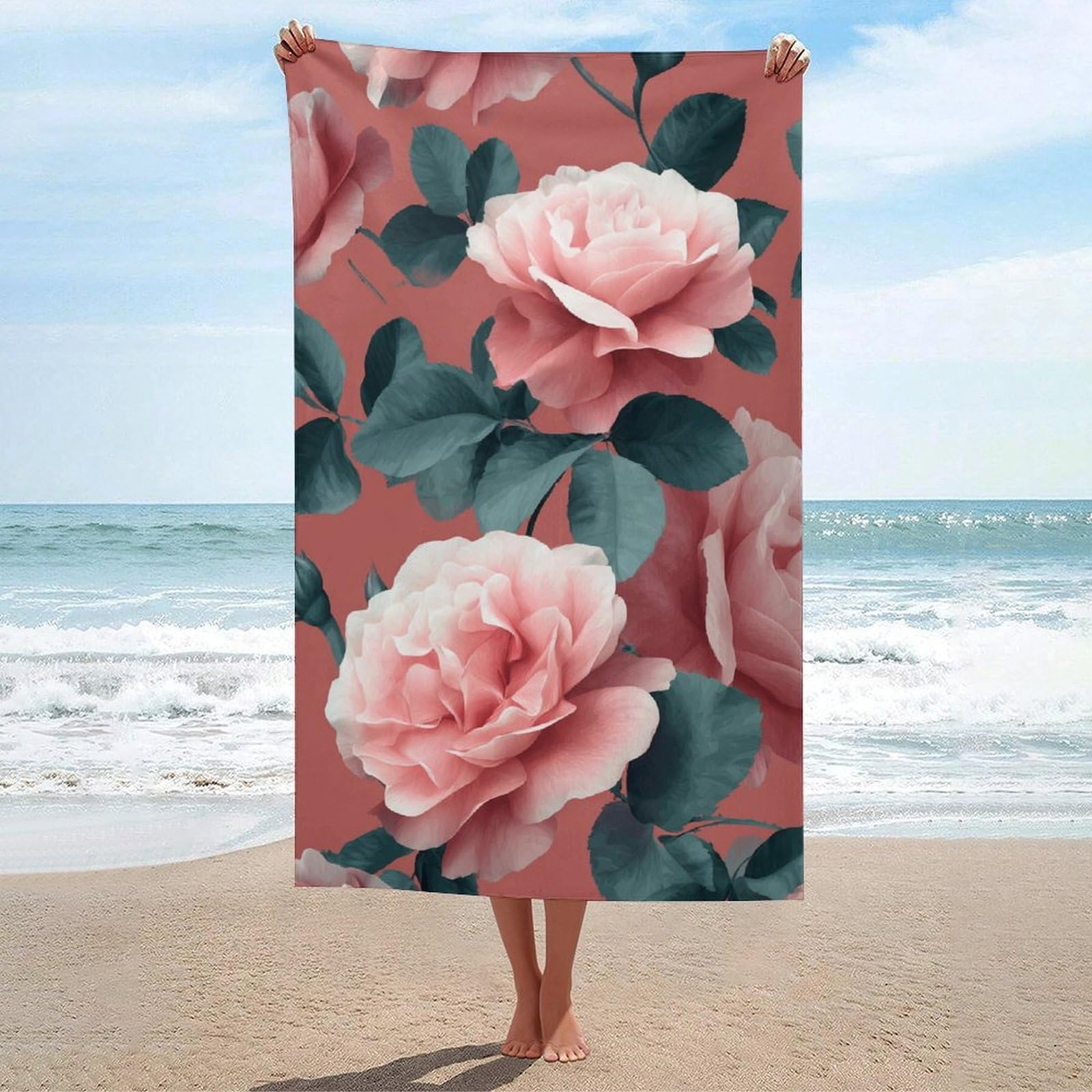 LSRCPD Pink Roses Beach Towel Sand Free Microfiber Large Shower Towels Multipurpose Absorbent for Bathroom Pool 130x80 CM