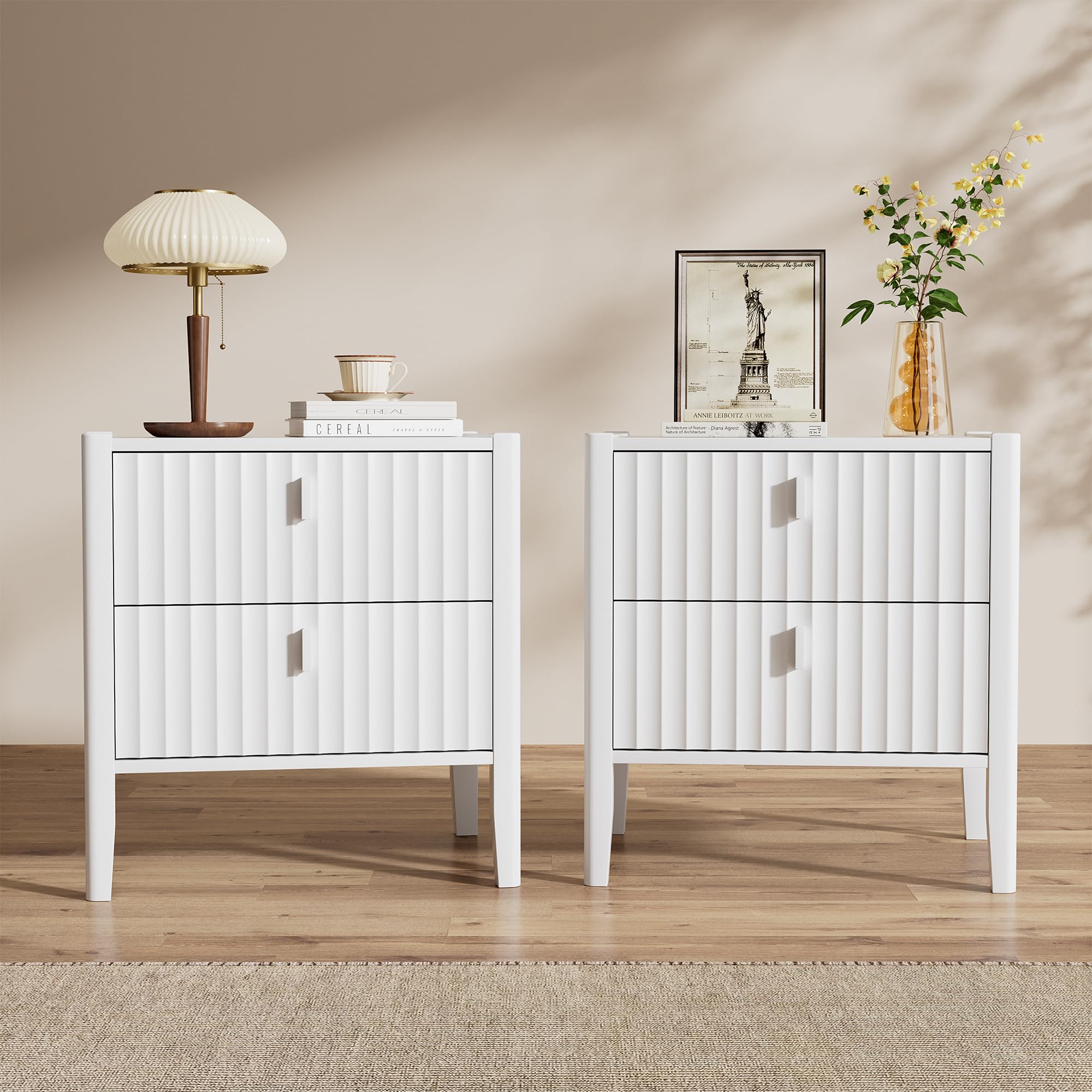 Furniway Nightstand Set of 2, Modern End Table with Solid Wood Legs, Bedside Table with 2 Drawers and Metal Handles for Bedroom, White