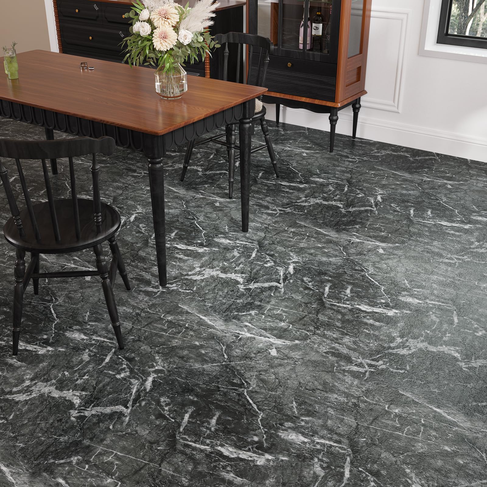 VaryStyle Azulejos de 18 hojas de mármol de pizarra gris oscuro para baño, dormitorio, sótano, impermeable, grueso, extraíble, suelo temporal de 12 x 12 pulgadas