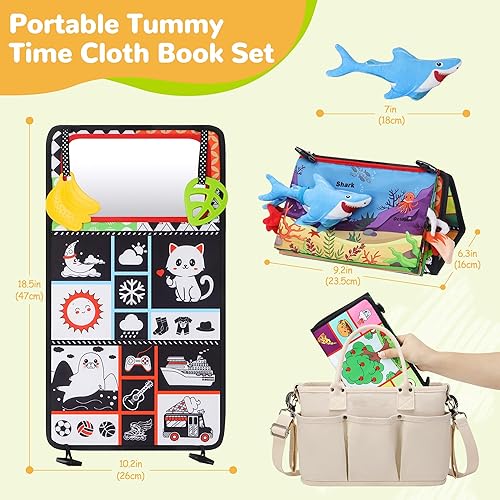 Miniatura 2 de Hamino Juguetes de espejo 3 en 1 para bebé, color blanco y negro, de alto contraste, con libro de tela arrugada, muñeca de tiburón, mordedor