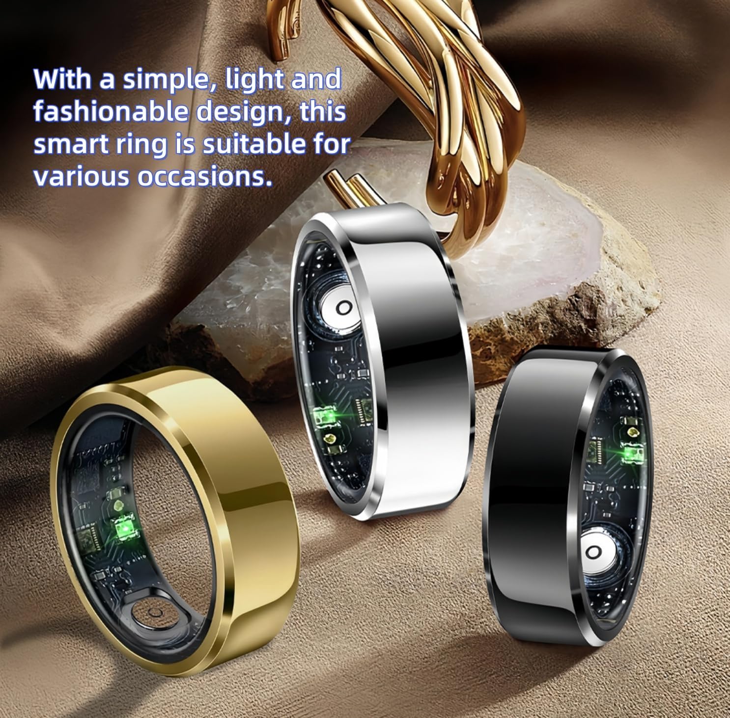 2025 Smart Ring with Air Gesture Control,Heart Rate&Sleep Monitor -Stylish Fitness Ring for Men&Women,IP68 Waterproof,Activity Tracker Records Steps Distance,Compatible with Android&iOS (Gold, 11#)