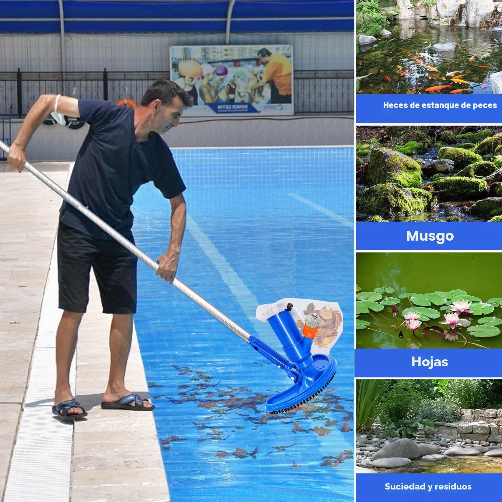 Aspirador de piscina XL, con cepillo curvado ampliado, 4 barras de aluminio extendidas y reforzadas, juego de limpieza para piscina