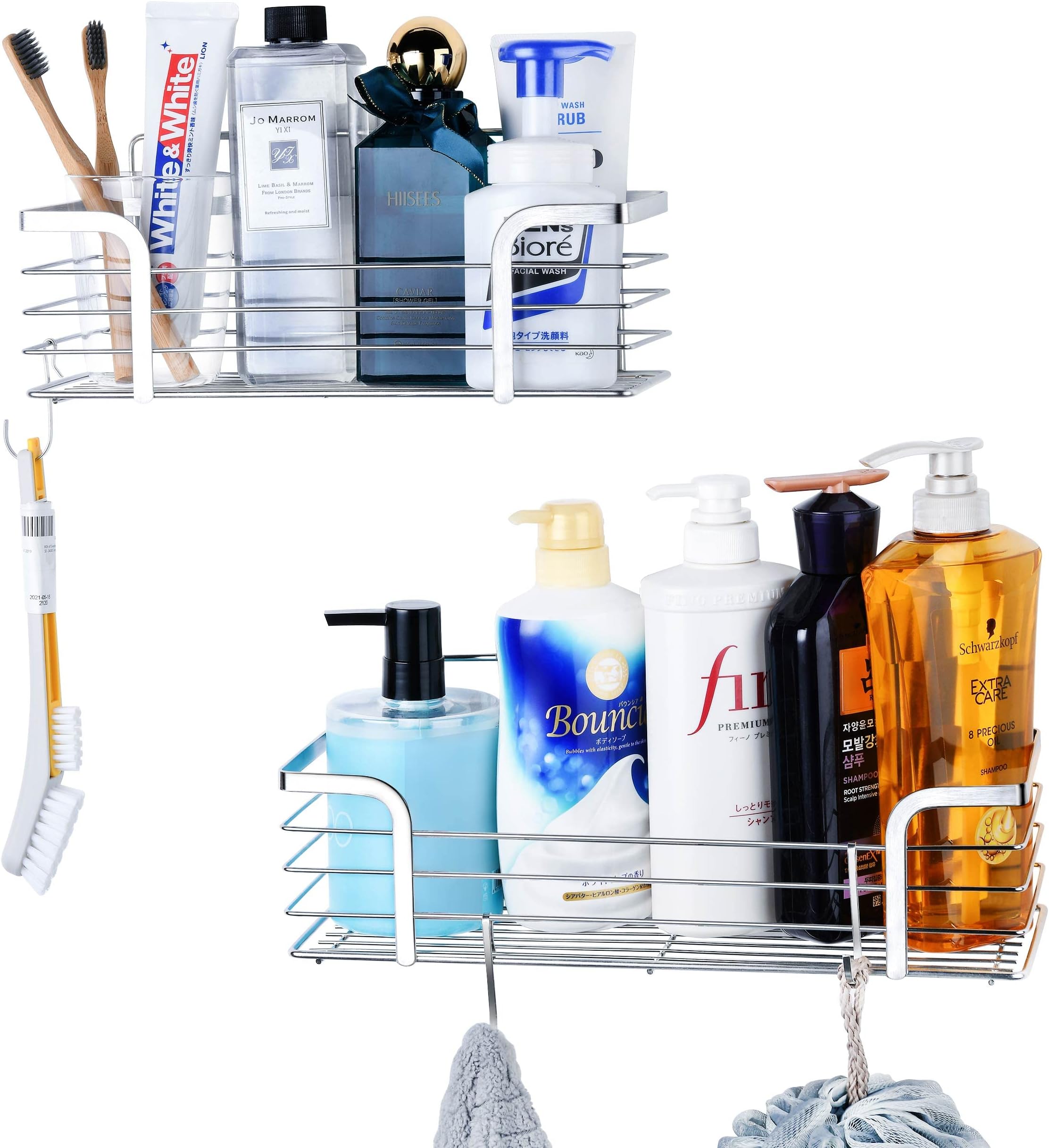 Azzuro 2 Pack Shower Caddy Bathroom Shelf with Hooks, No Drilling Adhesive Shower Organizer Shelves, Rustproof Stainless Steel Shower Rack, Wall Mounted Bathroom Caddy Shower Storage