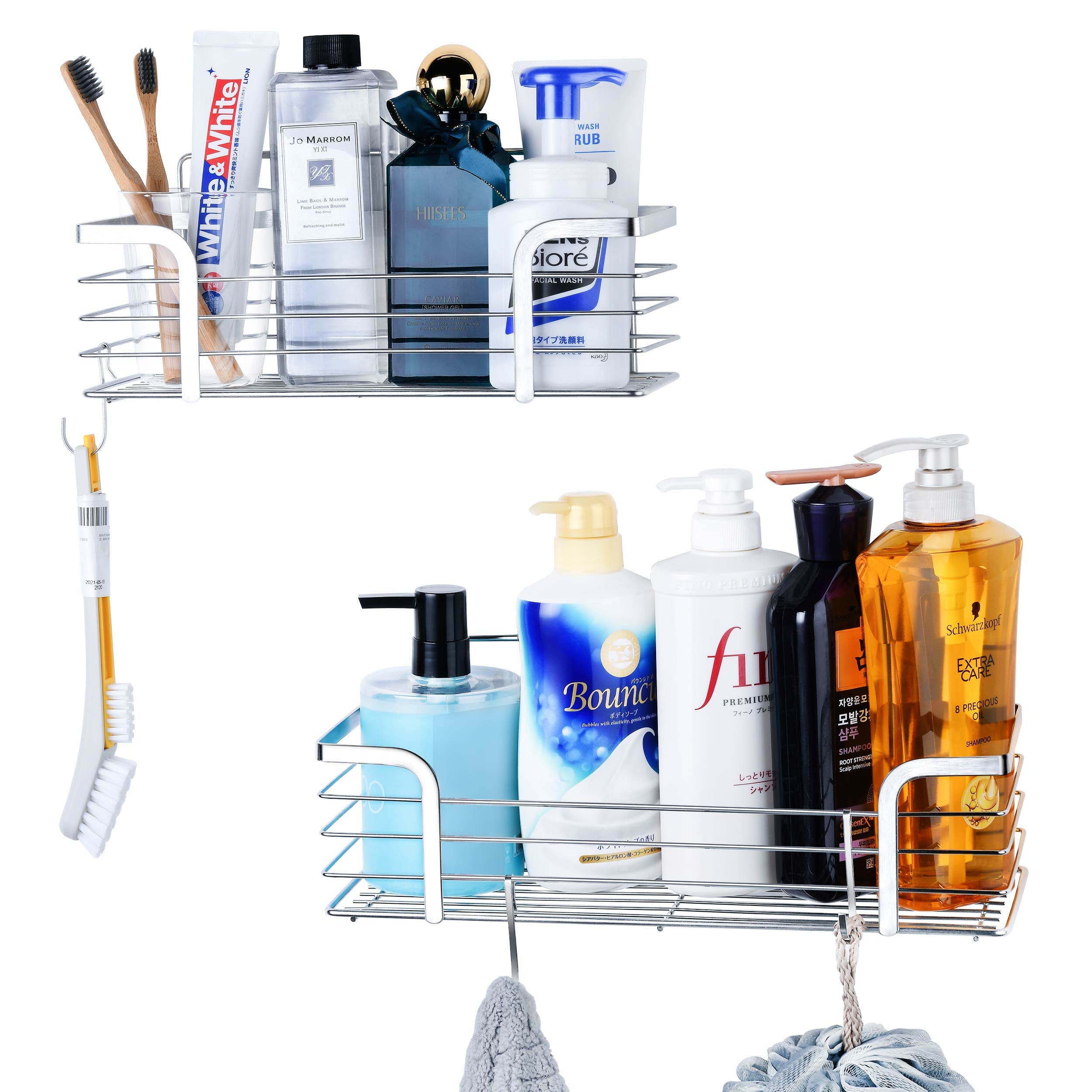 Azzuro 2 Pack Shower Caddy Bathroom Shelf with Hooks, No Drilling Adhesive Shower Organizer Shelves, Rustproof Stainless Steel Shower Rack, Wall Mounted Bathroom Caddy Shower Storage