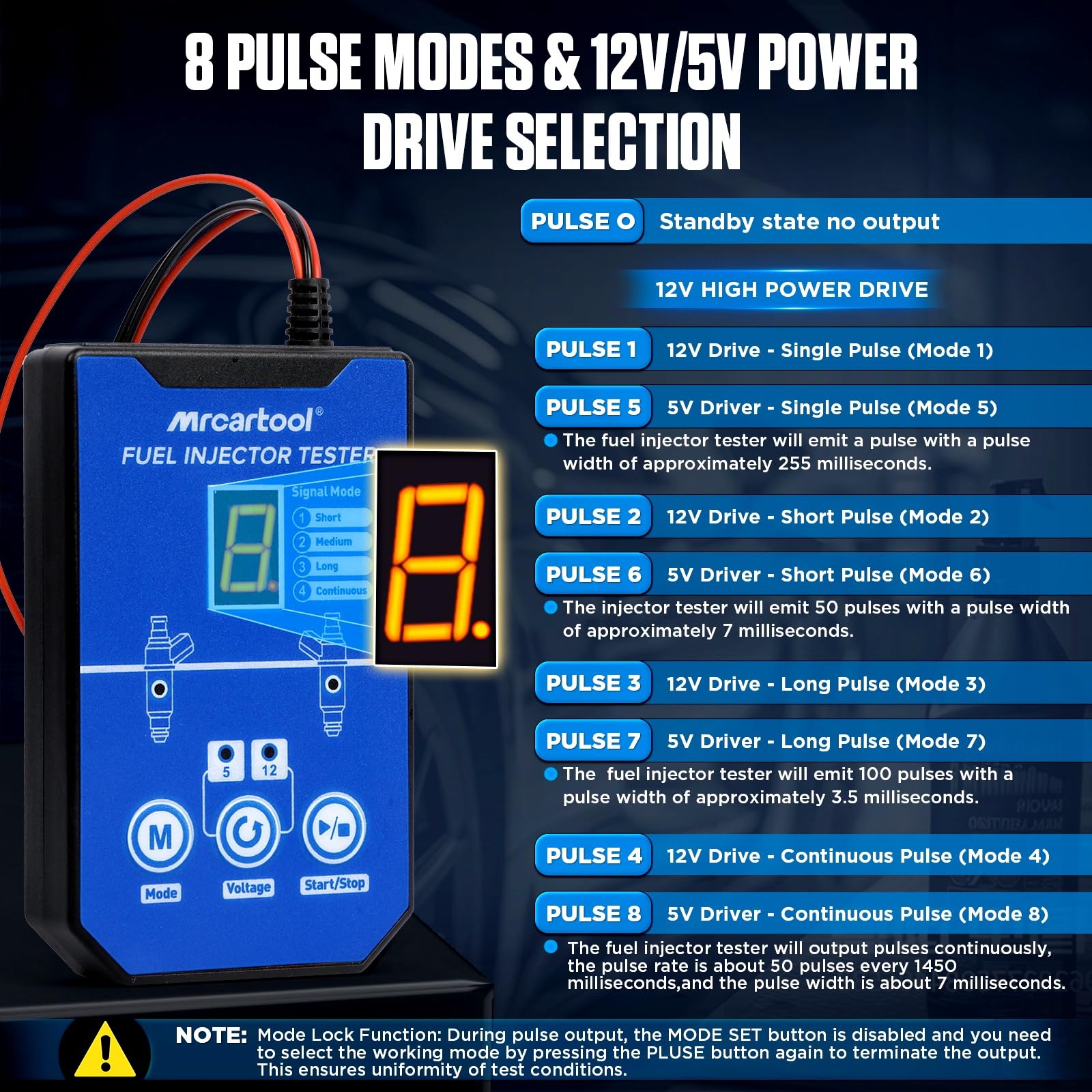 MRCARTOOL - Comprobador de inyectores de combustible para coche, 12 V, con 6 boquillas para inyectores EFI GDI de 5 V, 12 V, 8 modos de impulso, kit de limpieza, doble potencia, cable de 1 m