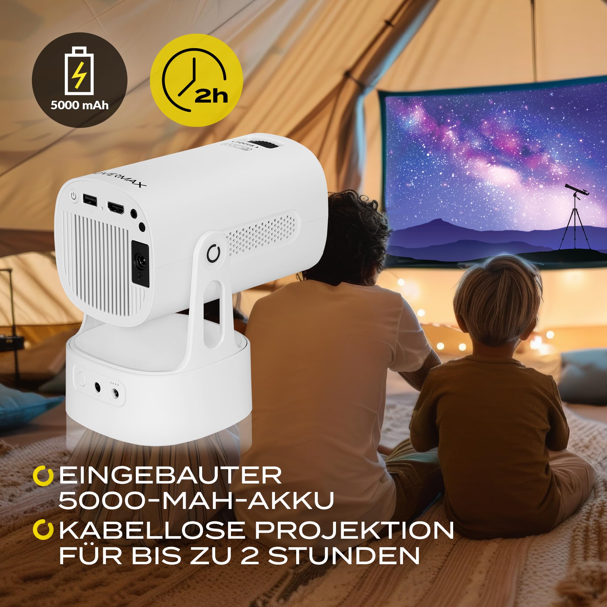 OVERMAX MULTIPIC EZ Mini Projektor 4K FullHD, 120 Min. Akkulaufzeit 5000mAh, Trapezkorrektur, Bild bis zu 200", Wi-Fi, Bluetooth, 2000 Lumen 120 ANSI, Nightsky & Ambiente, Fernbedienung, Android