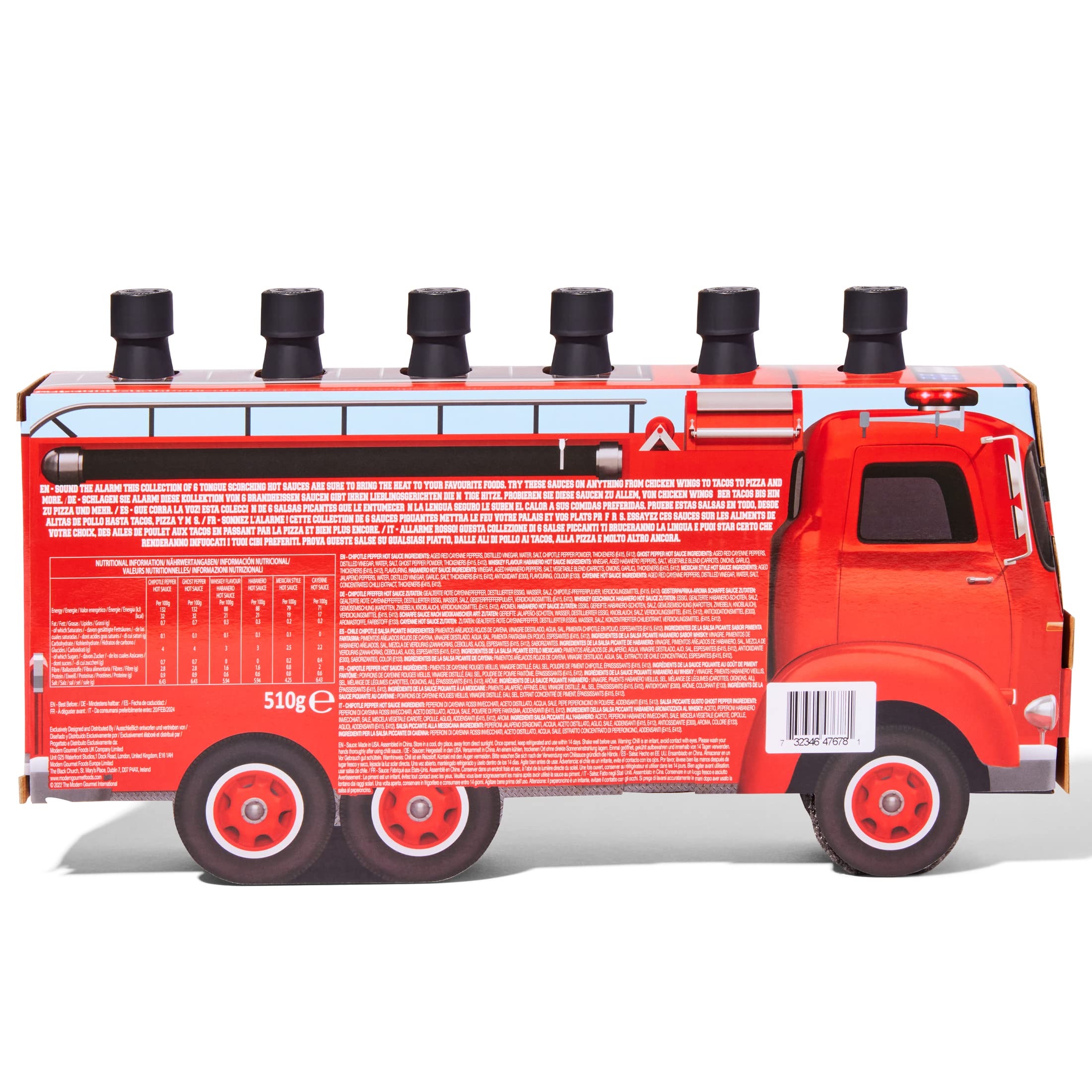 Thoughtfully Gourmet – Set de 6 Salsas Picantes – Regalo para Hombre – Ghost Pepper, Cayena, Chipotle – Pack Salsas Picantes en Camión de Bomberos – Regalo Barbacoa – 6 x 85 g