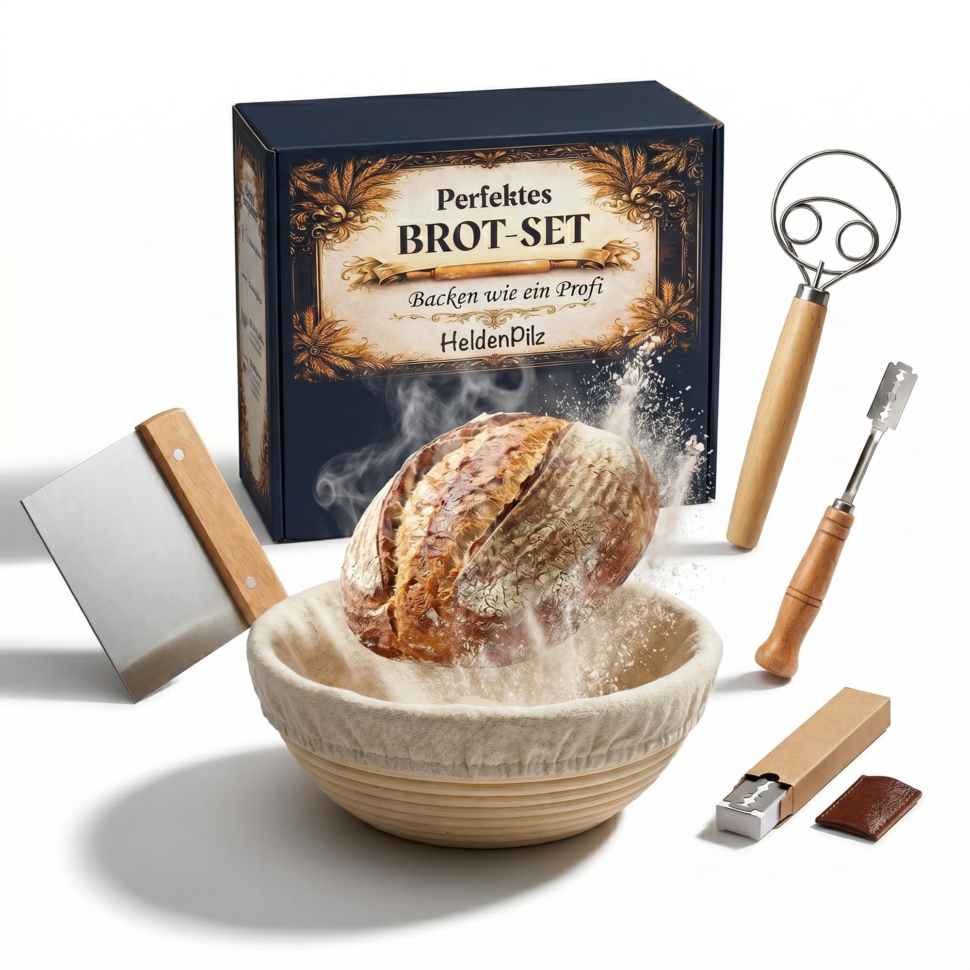 Set per la cottura del pane – pane croccante fai da te con cestino per lievitazione, carta per pasta, frusta per pasticceria, coltello da panetteria + ricetta e istruzioni per il pane a lievito (set