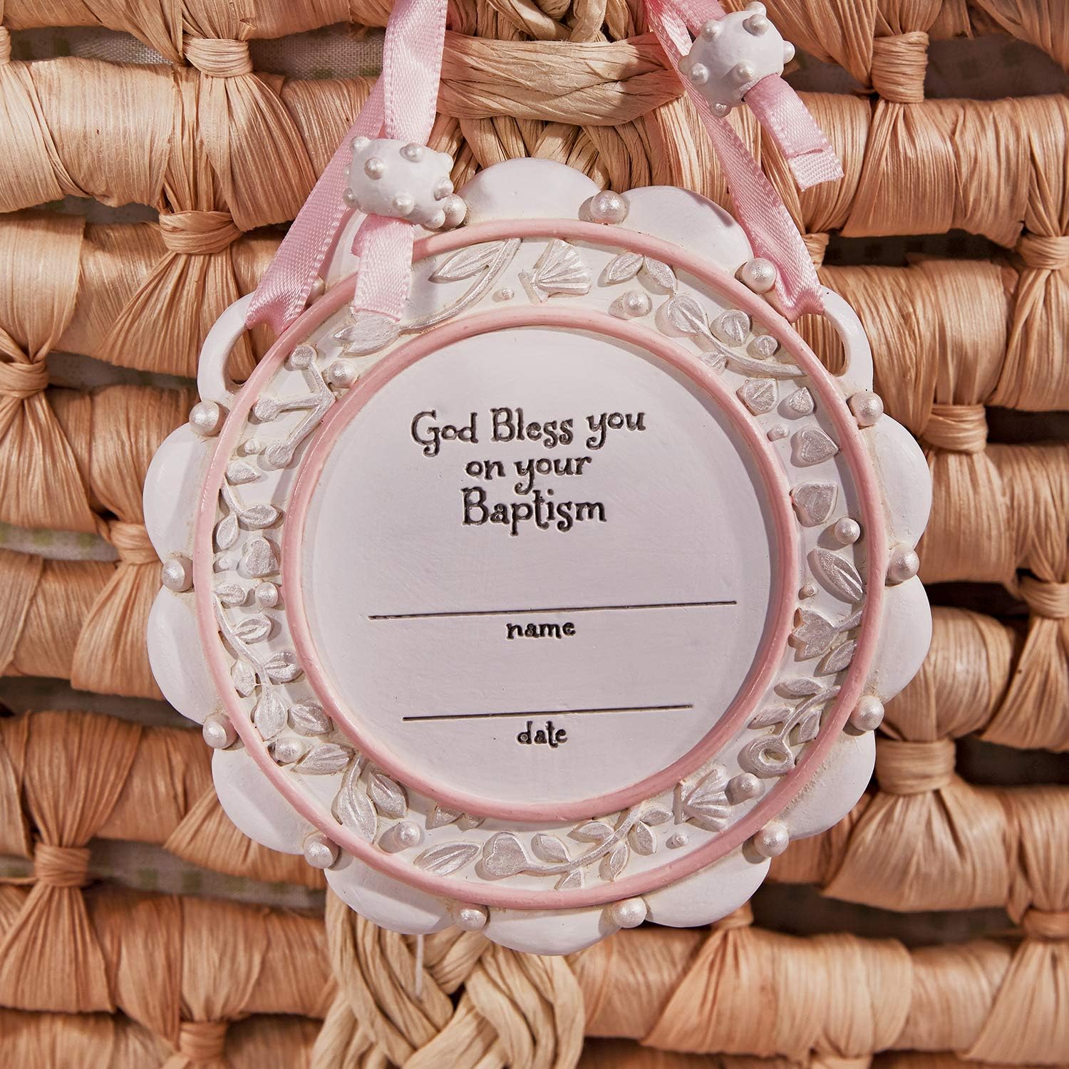 CB Catholic Creative Brands Faithworks - Baptized in Christ Resin Crib Medal, 3.5-Inch, Pink - Lamb