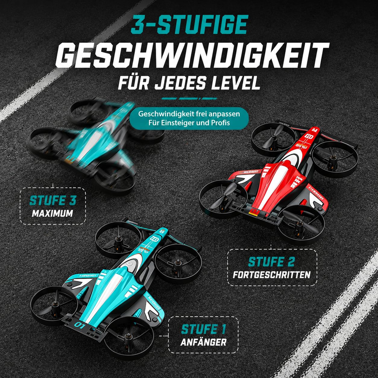 Mini drone RC 2 in 1 per bambini – rosso, modalità volo e pavimento, apertura a 360°, altezza 3 velocità, luci LED, avvio a tasto, rosso