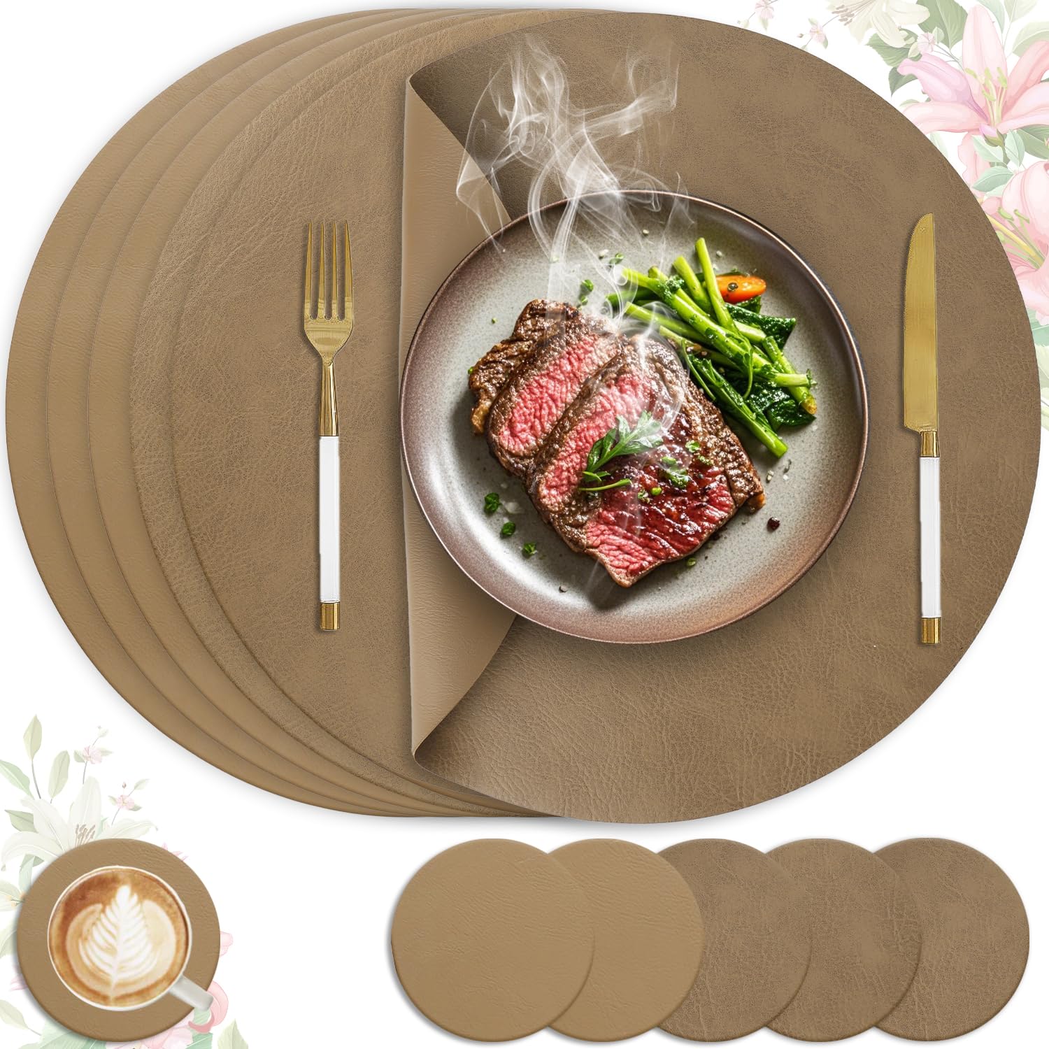 Heli MAIO Tischsets und Untersetzer 4er Set,Platzsets Abwaschbar und Doppelseitigen rutschfest Platzdeckchen,Tischset Leder Kunstleder,Platzdeckchen wasserdicht