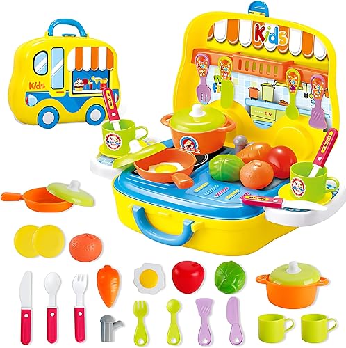 Juego de cocina para niños pequeños, juego de cocina portátil de 25 piezas con comida de juguete, utensilios, ollas y tazas, regalo de cocina de