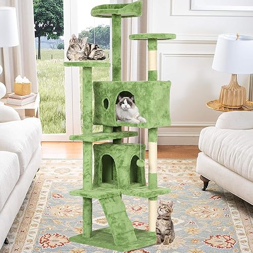 Vista 16 de BestPet Torre de árbol para gatos de 54 pulgadas Beige Resistente y fácil de montar, centro de actividades de varios niveles con postes
