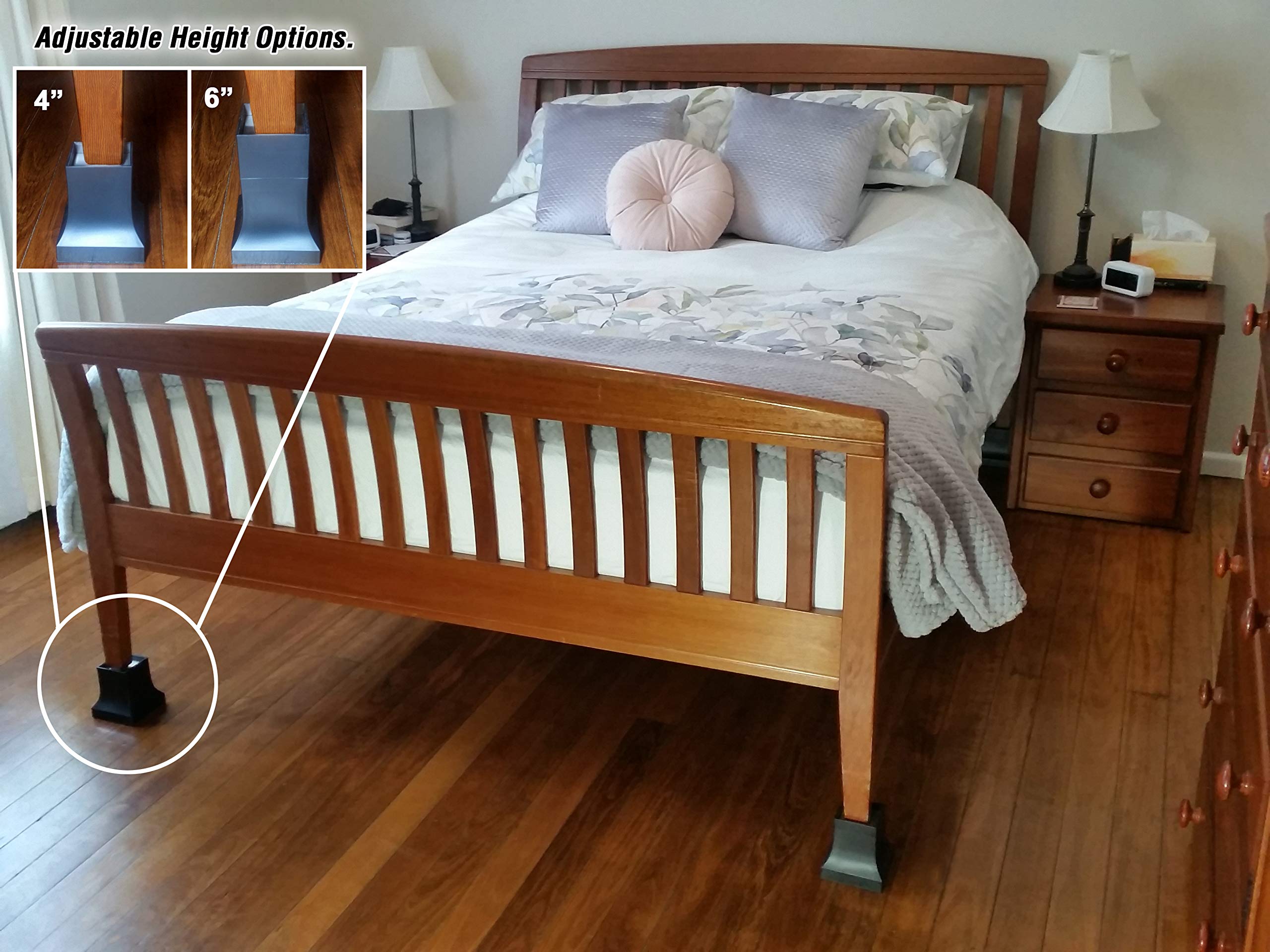 Buy Pat. Bed Risers, Set of 4 w Adjustable Height from 4” to 6”, Matte