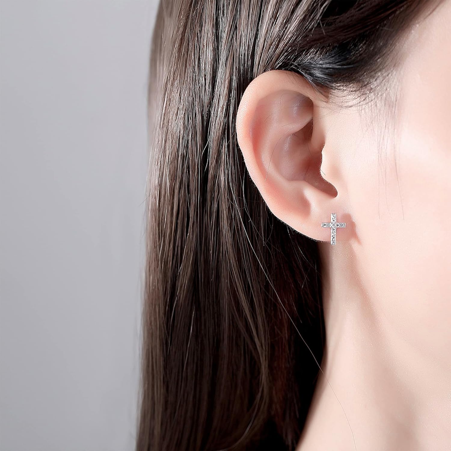 S925 Sterling Silver Dainty Small Tiny Cross with Pave Clear Cubic Zirconia Stud Earrings Fashion Jewelry for Women