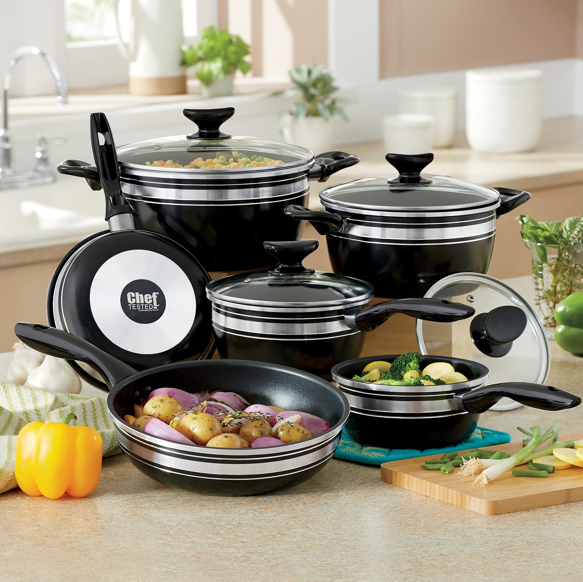 Montgomery Ward 10-Piece Chef Tested Banded Cookware Set, Black