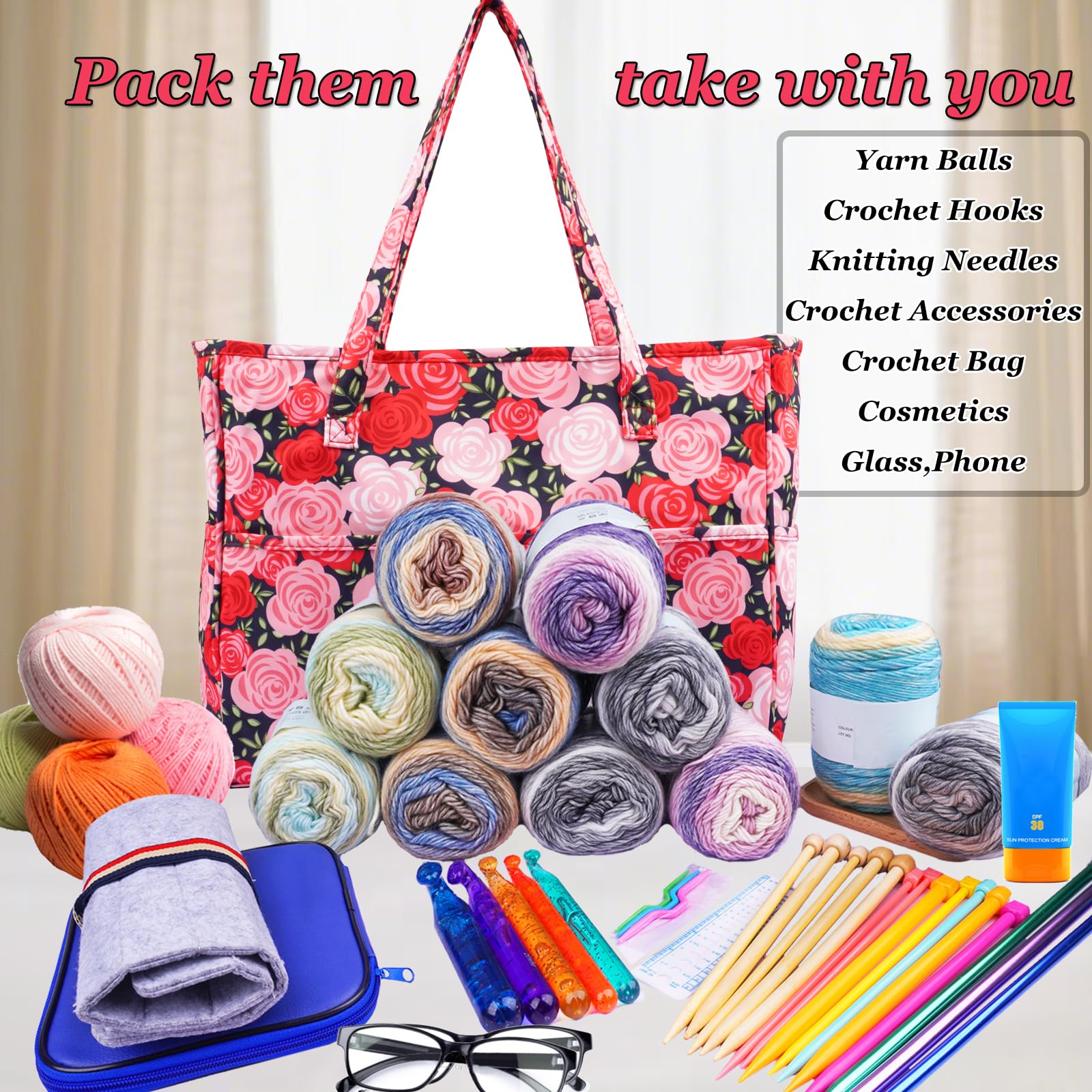 Häkeltasche, Organizer, Garnaufbewahrung, Organizer, tragbare Garntasche mit mehreren Taschen für Garnbälle, Stricken, Häkelzubehör