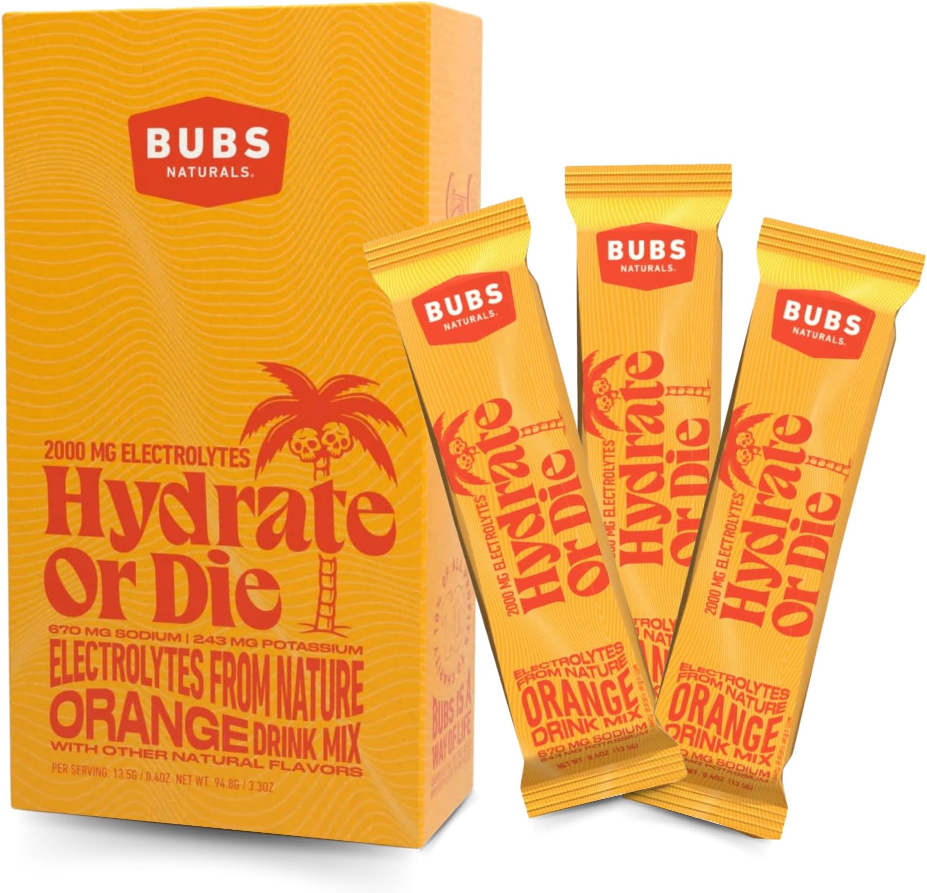 BUBS Naturals Hydrate or Die: Premium Hydration & Electrolyte Powder, All Natural Keto-Friendly Gluten-Free - No Sugar Added, Boosts Energy, Enhances Recovery, Orange Travel Pack Sticks